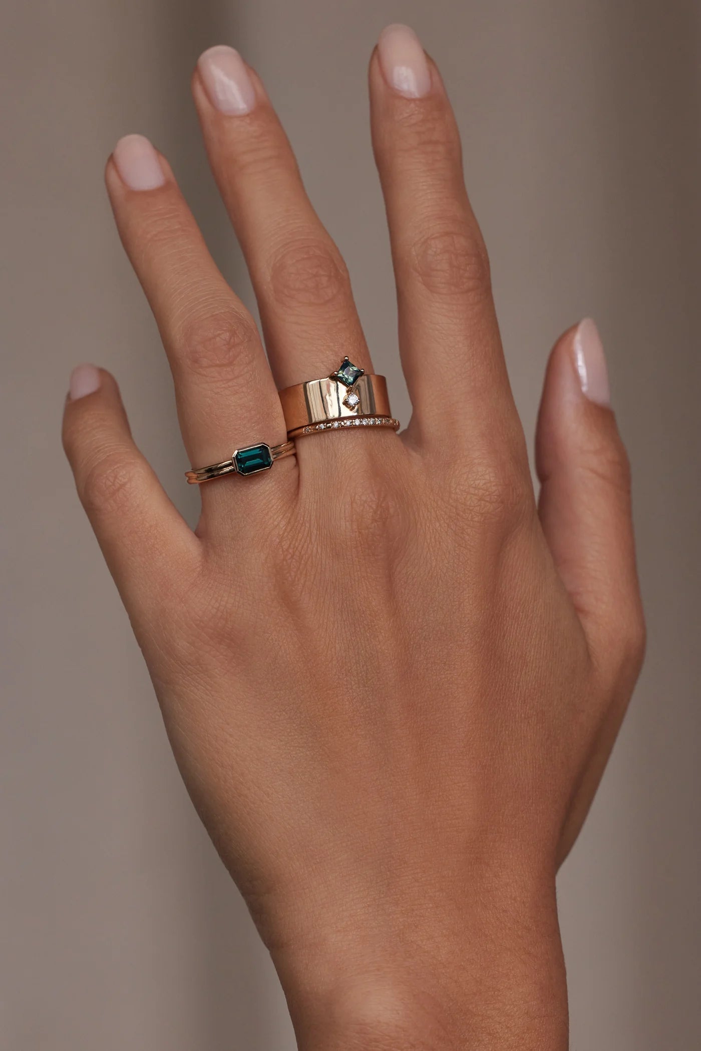 Medium Emerald Cut Teal Sapphire Double Band Solitaire Ring — Commitment, Curated