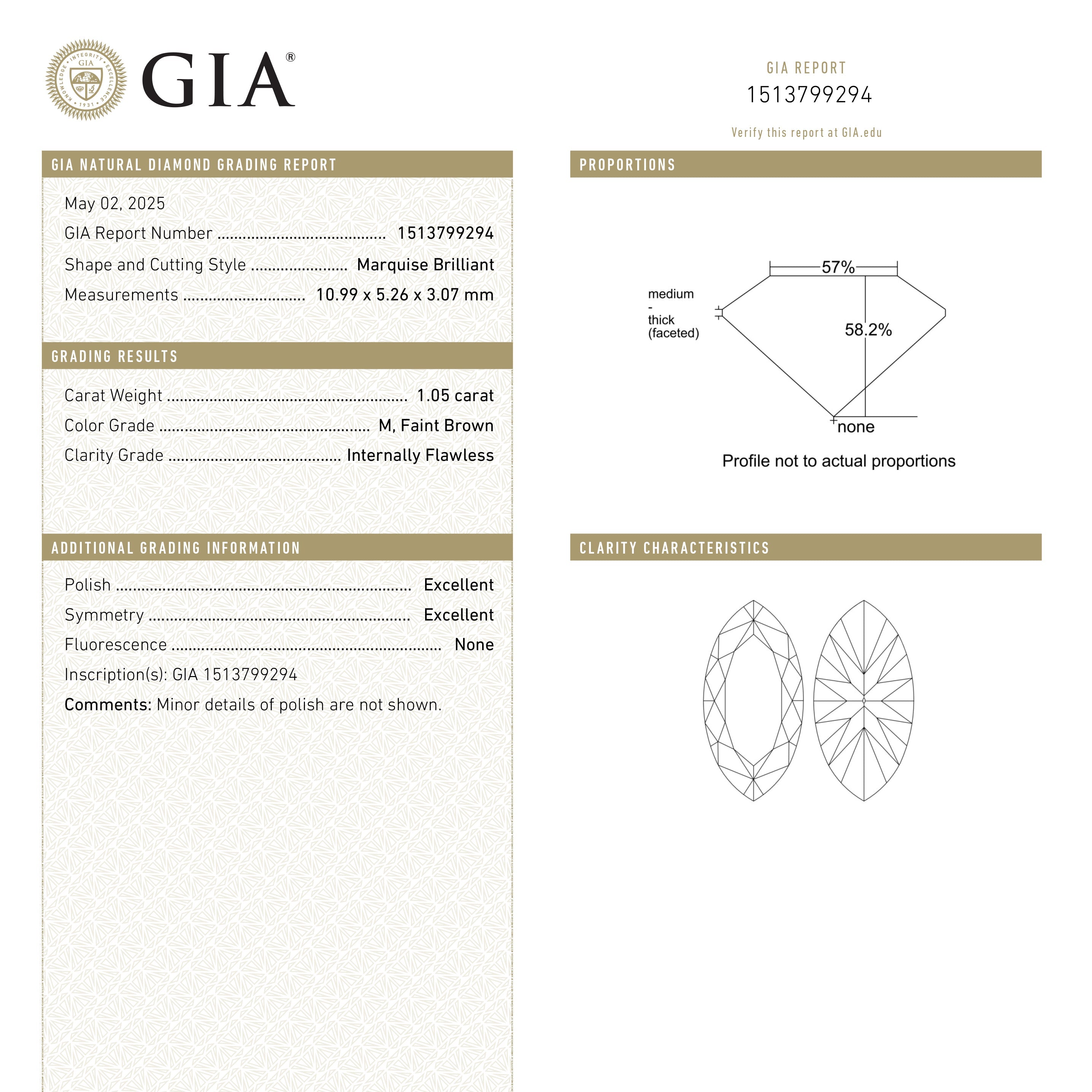 1.05ct 10.99x5.26x3.07mm GIA Internally Flawless M Marquise Brilliant 🇨🇦 27091-01