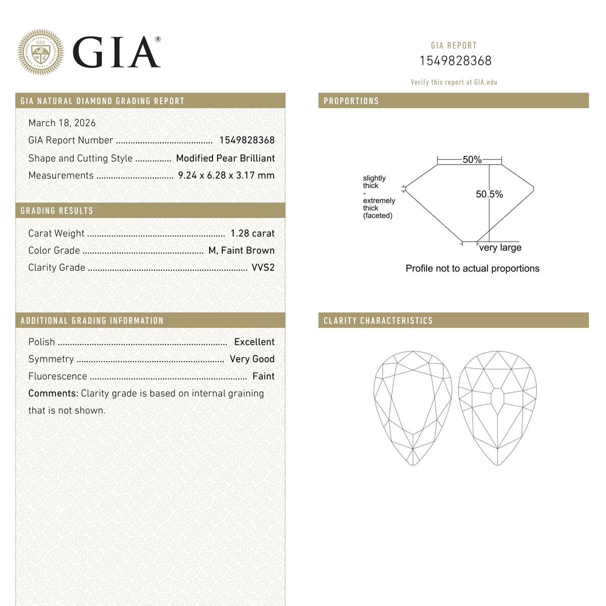 1.28ct 9.24x6.28x3.17mm GIA VVS2 M Pear Brilliant 28021-01