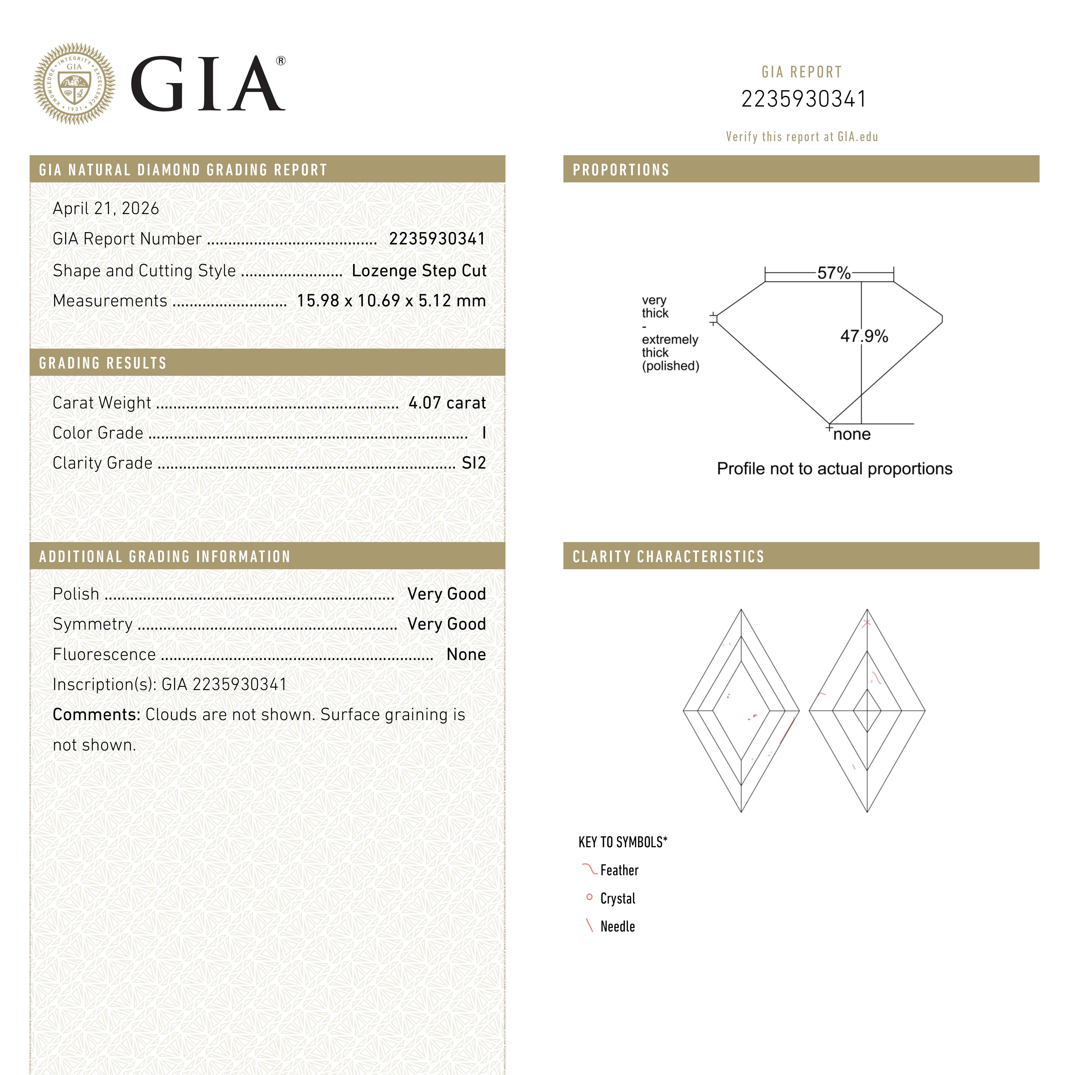 4.07ct 15.98x10.69x5.12mm GIA SI2 I Lozenge Step Cut 28010-01