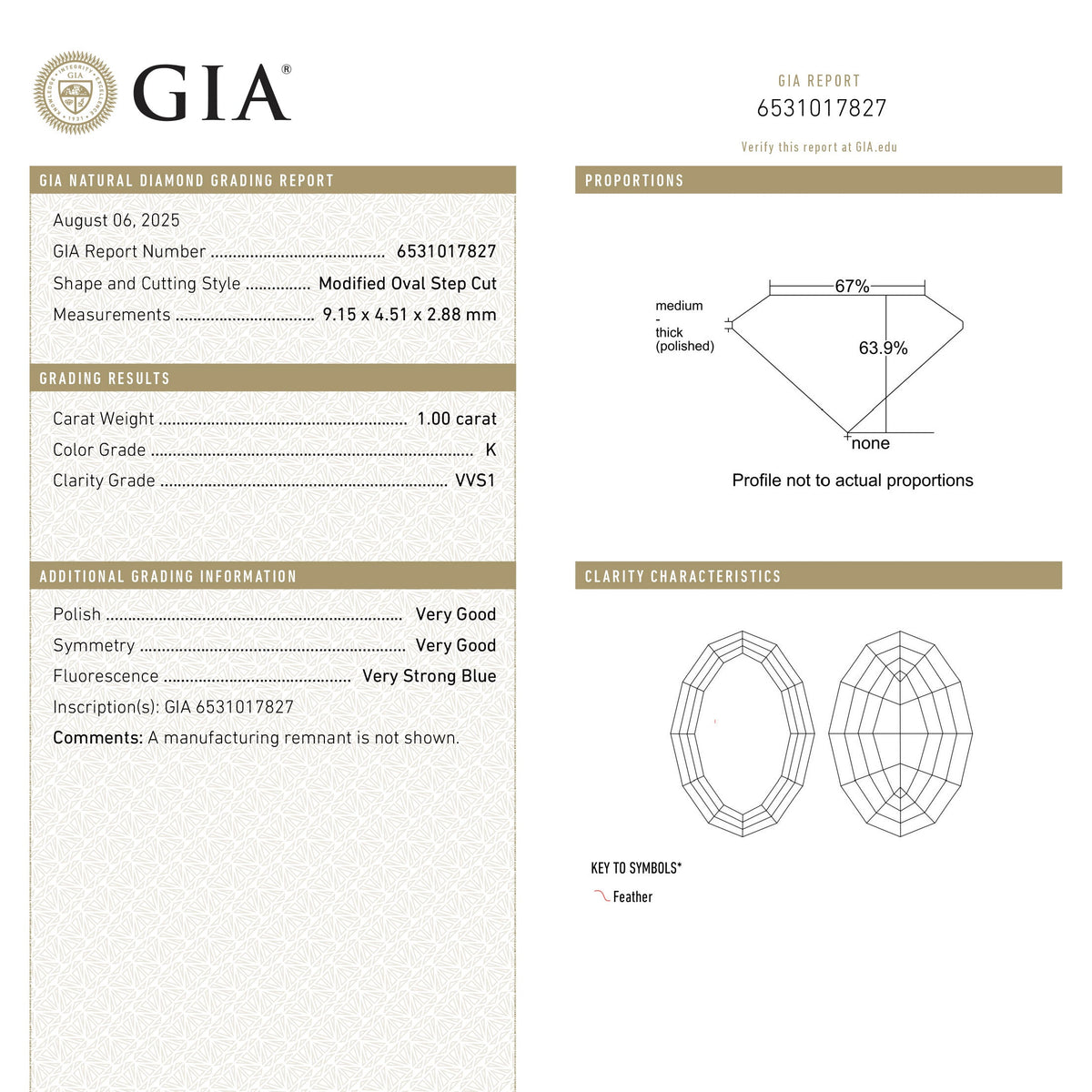 1.00ct 9.15x4.51x2.88mm GIA VVS1 K Geo Oval Step Cut 28330-01