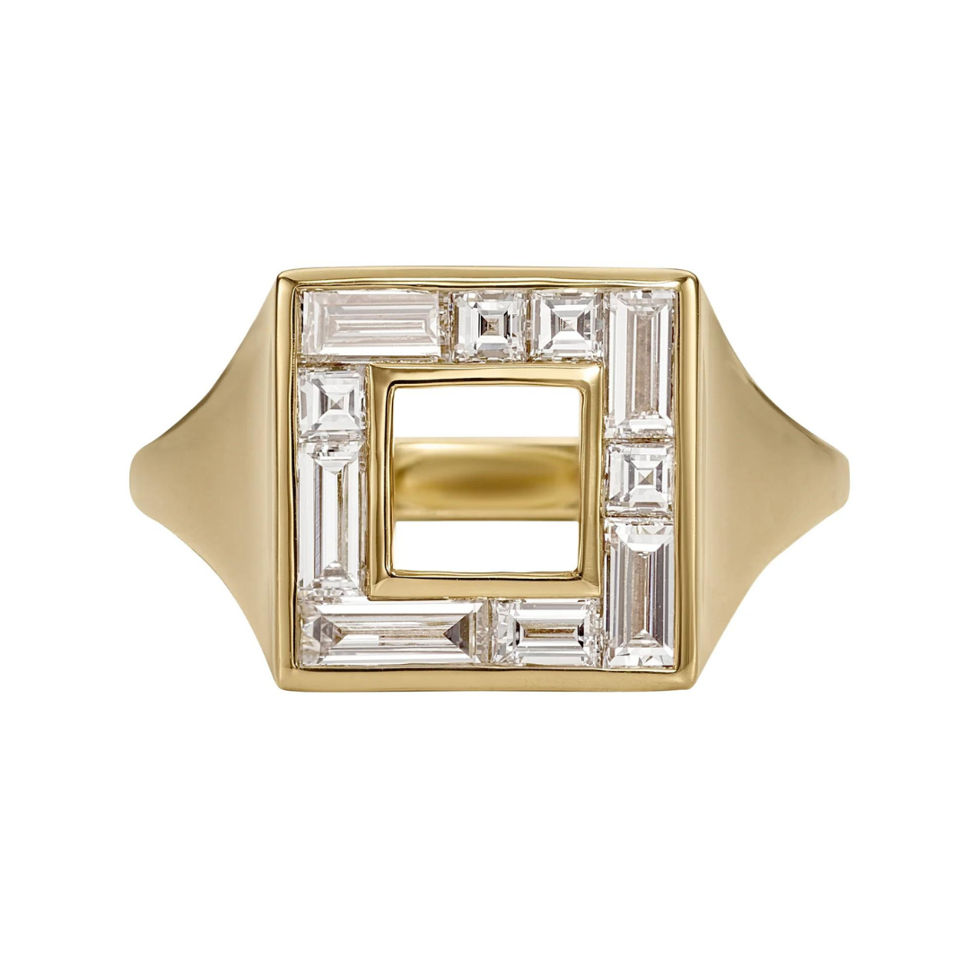 Geometric Baguette + Carre Diamond Signet Ring