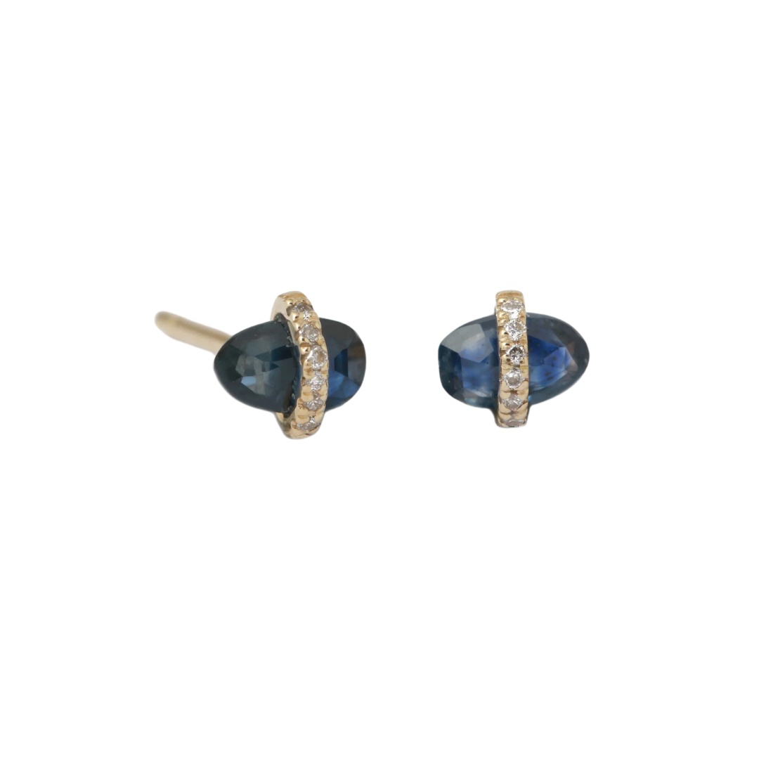 Blue Sapphire Small Micropave Bezel Wrapped Freeform Stud Earrings