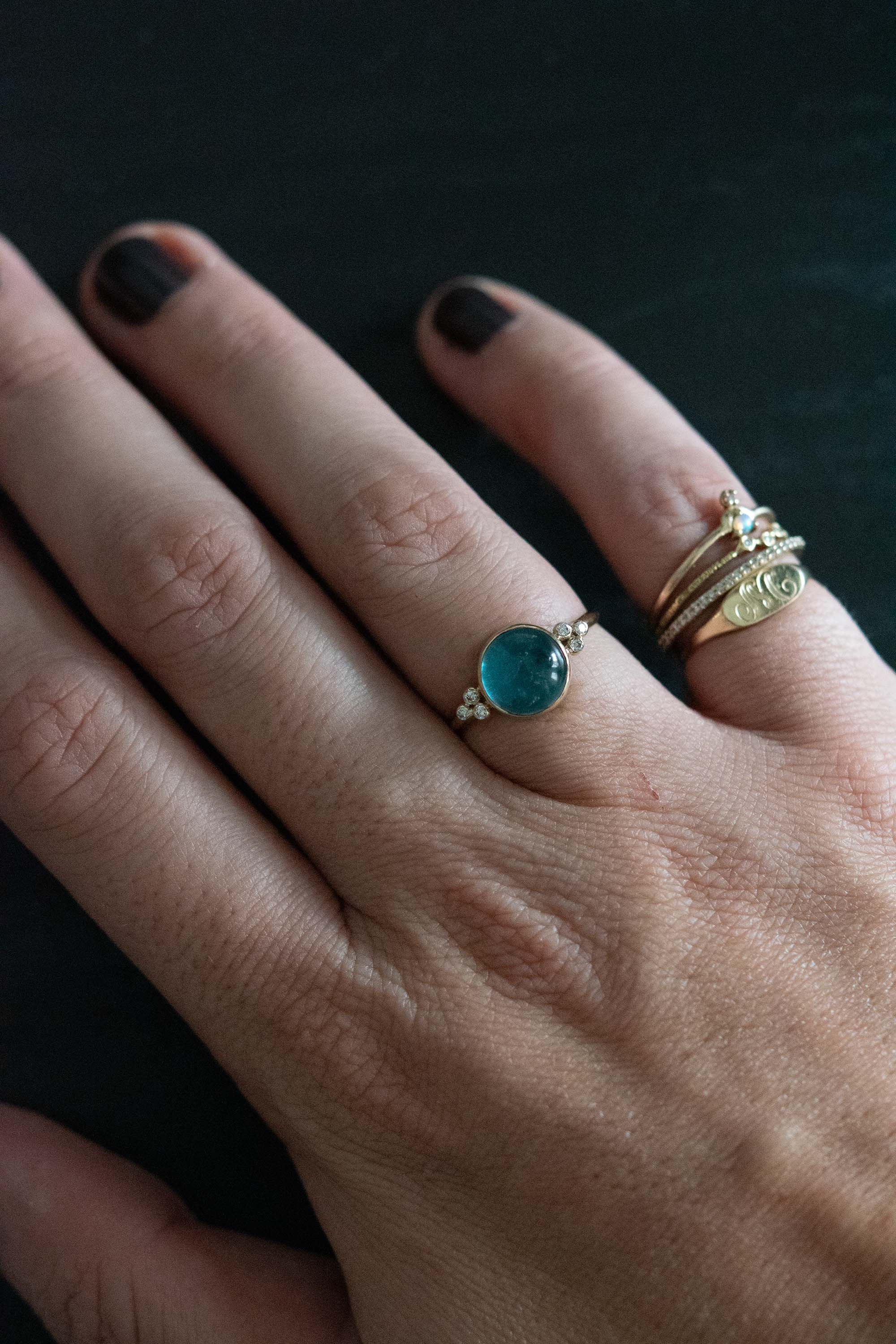 Teal Tourmaline and Diamond Cluster Ring