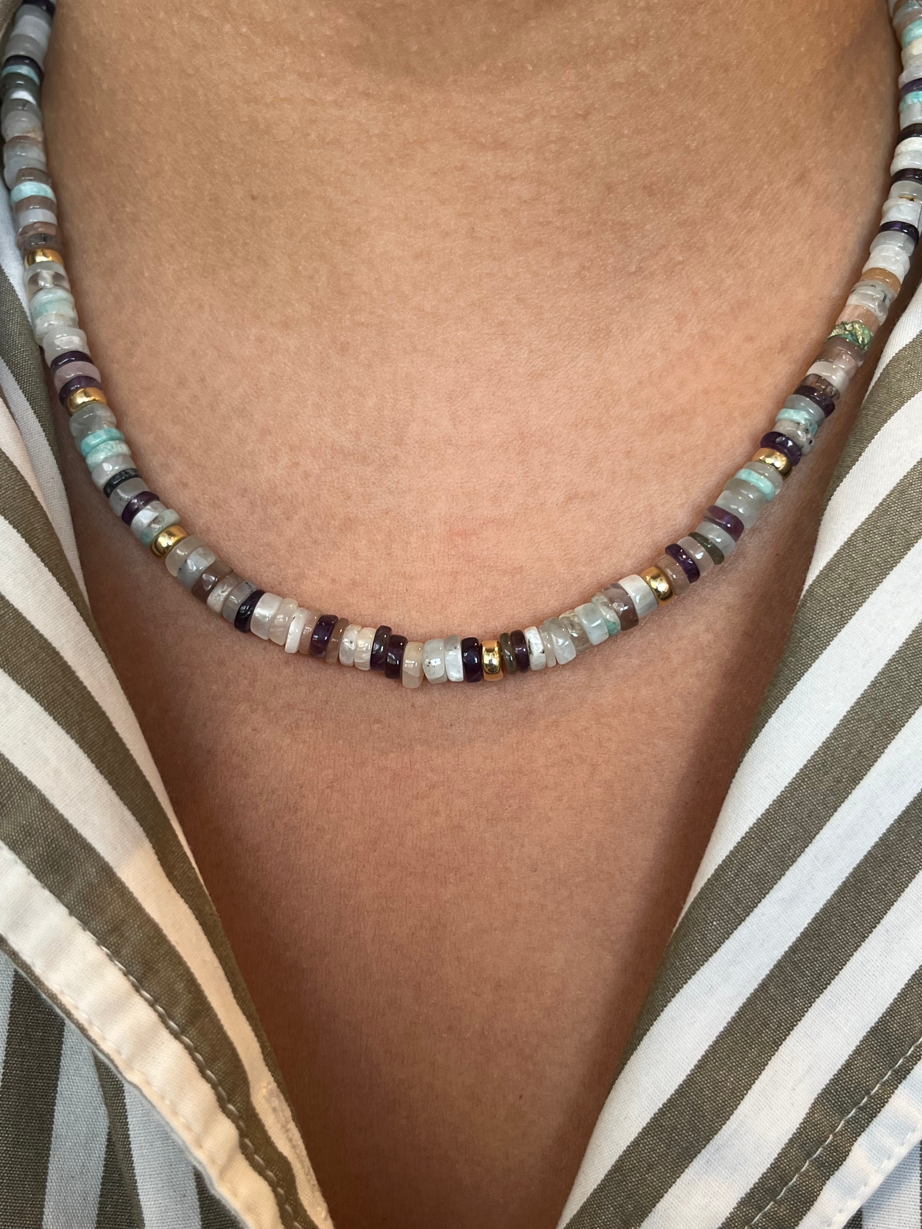 Mixed Neutral Gemstone Rondelle Bead Necklace