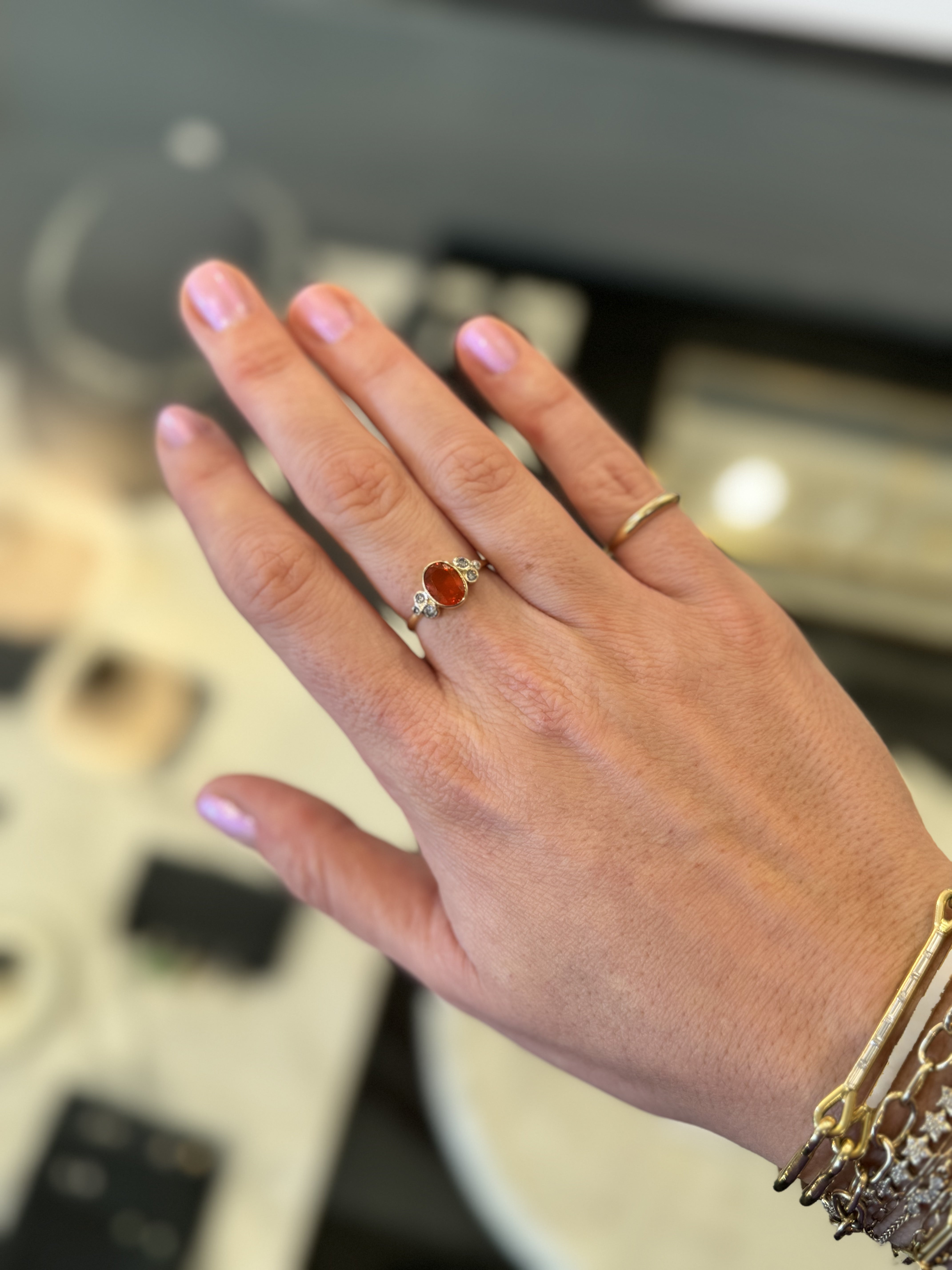 Fire Opal Trefoil Ring with Diamonds