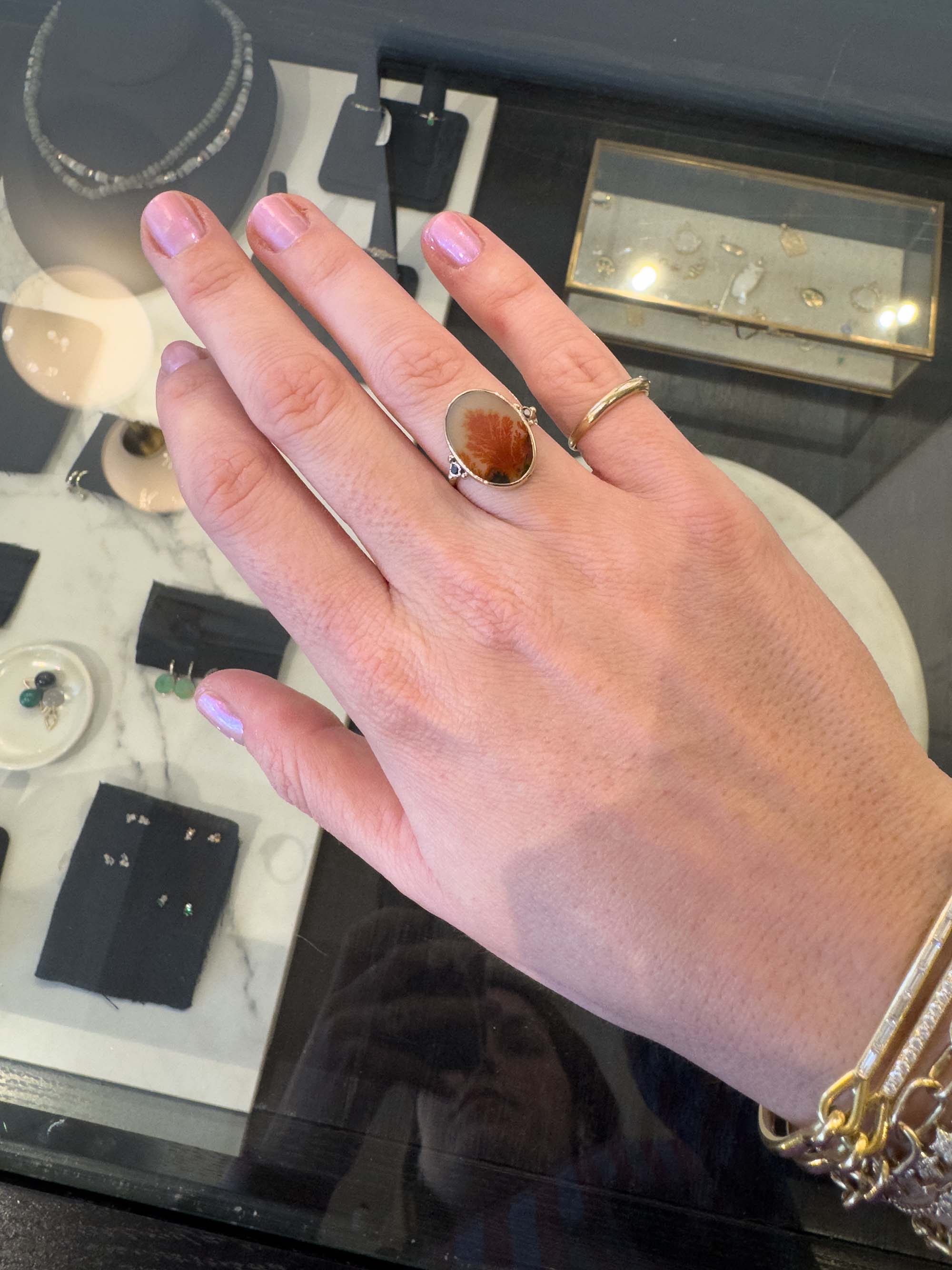 Oval Orange Dendritic Agate and Black Diamond Ring