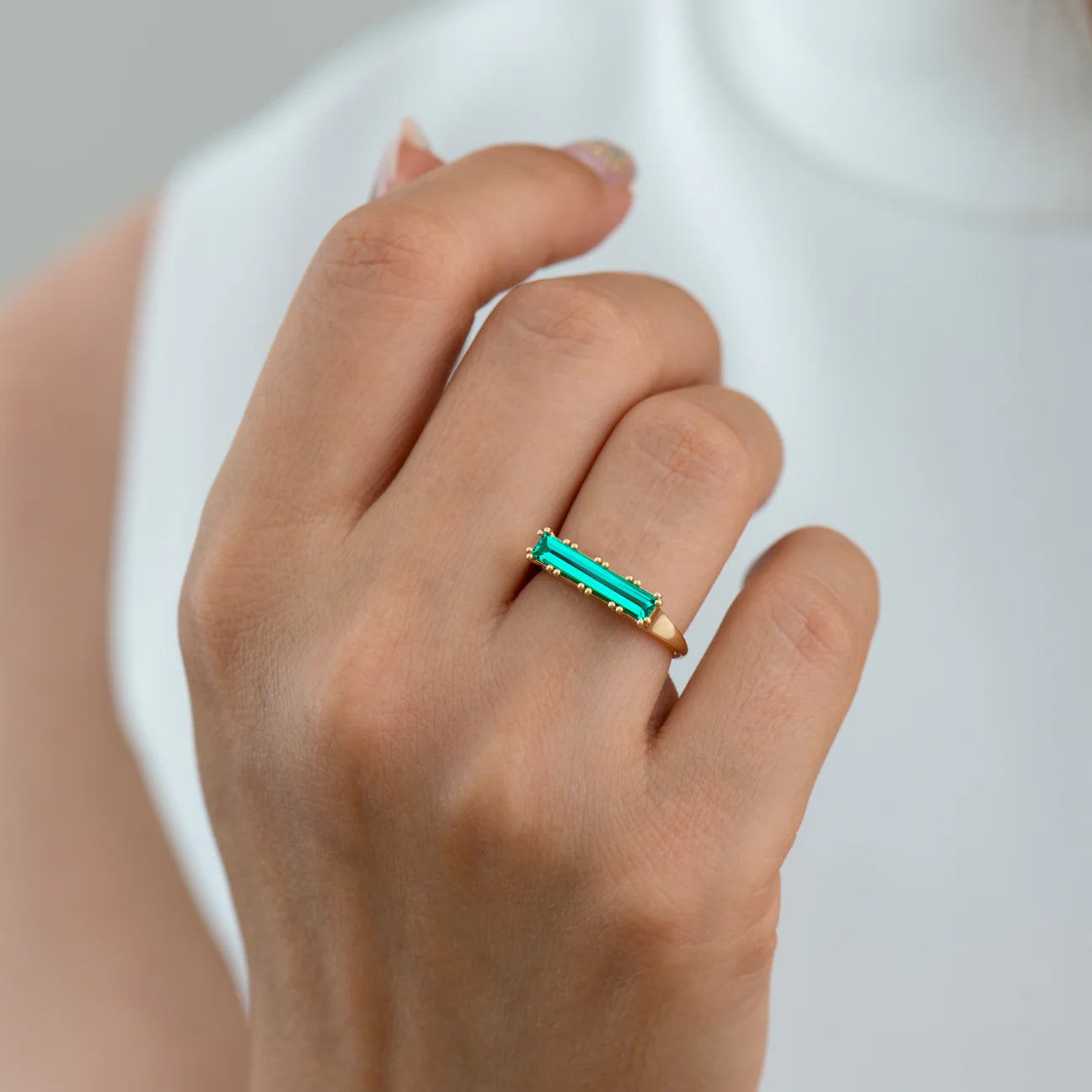 Emerald Long Baguette Ring