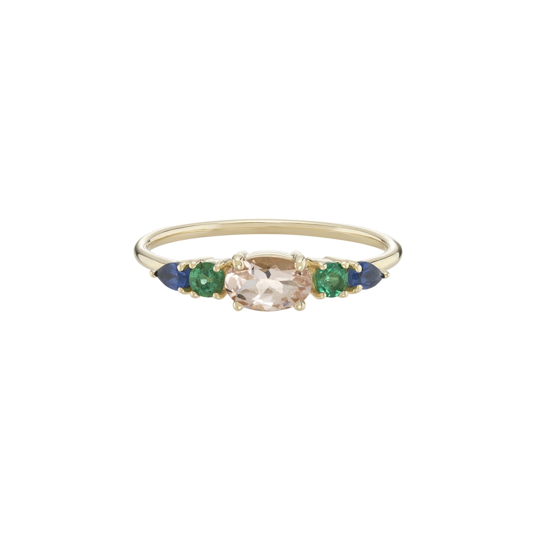 Multi Gemstone Claw Set Ring - Morganite, Emerald, Blue Sapphire