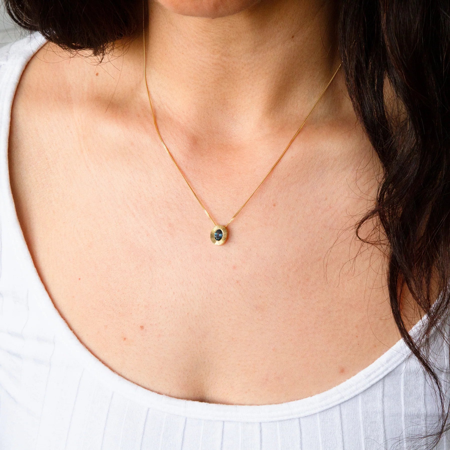 North-South Blue Montana Sapphire Oval Aurora Pendant Necklace
