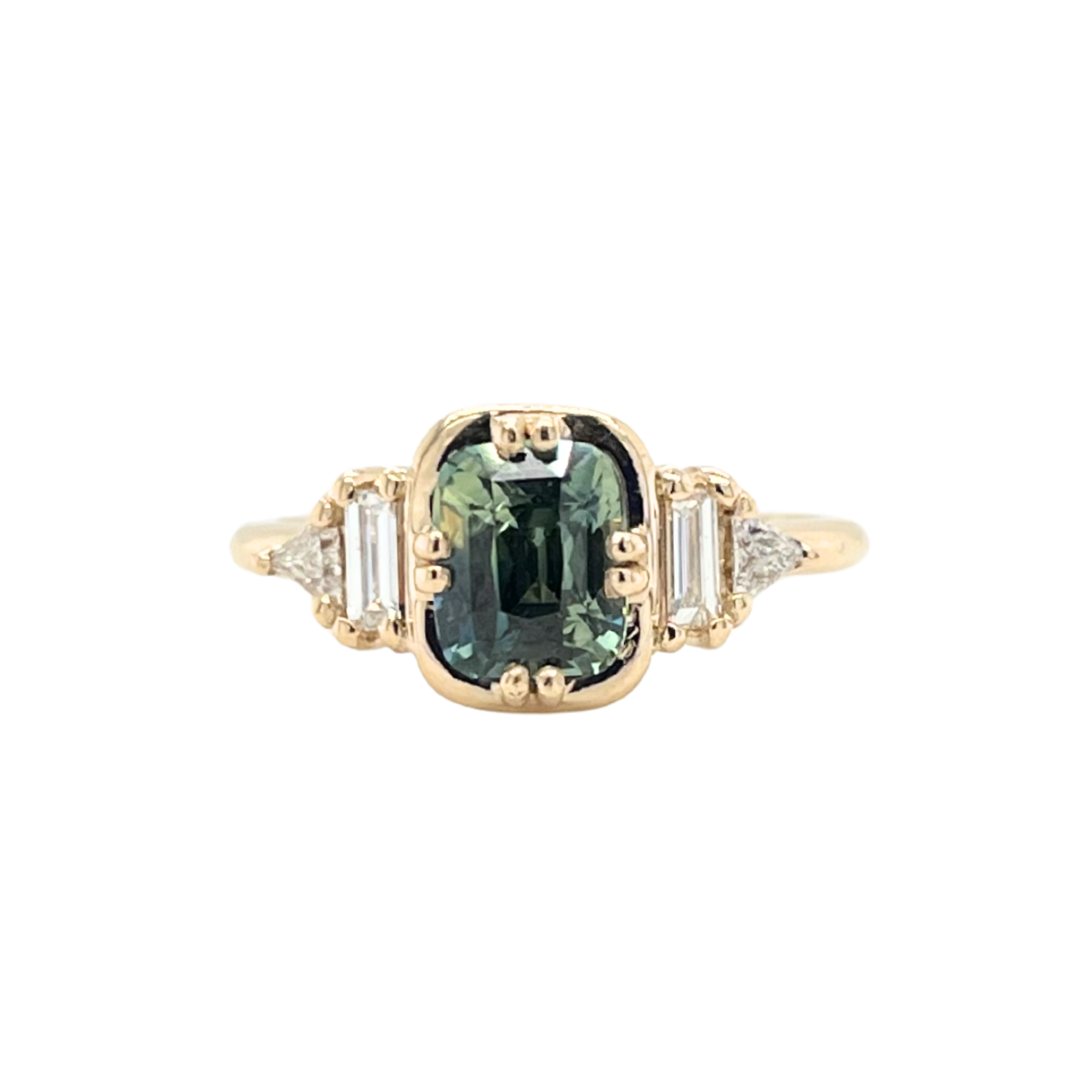 Green Yellow Cushion Parti Sapphire Emery Ring