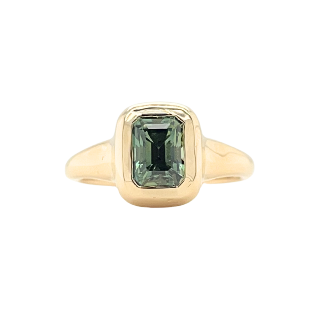 Teal-Green Emerald Cut Sapphire Ring