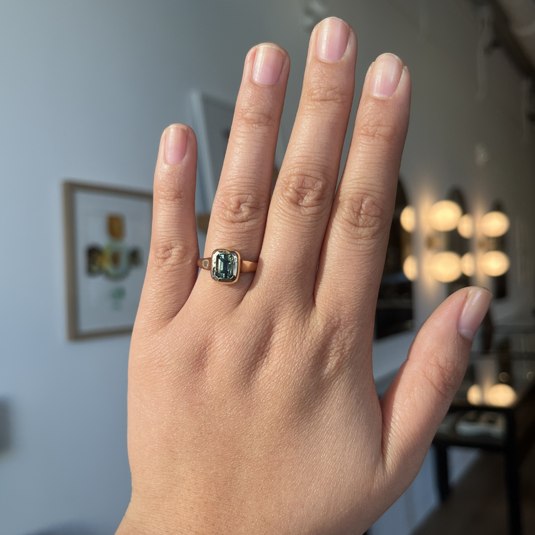 Teal-Green Emerald Cut Sapphire Ring