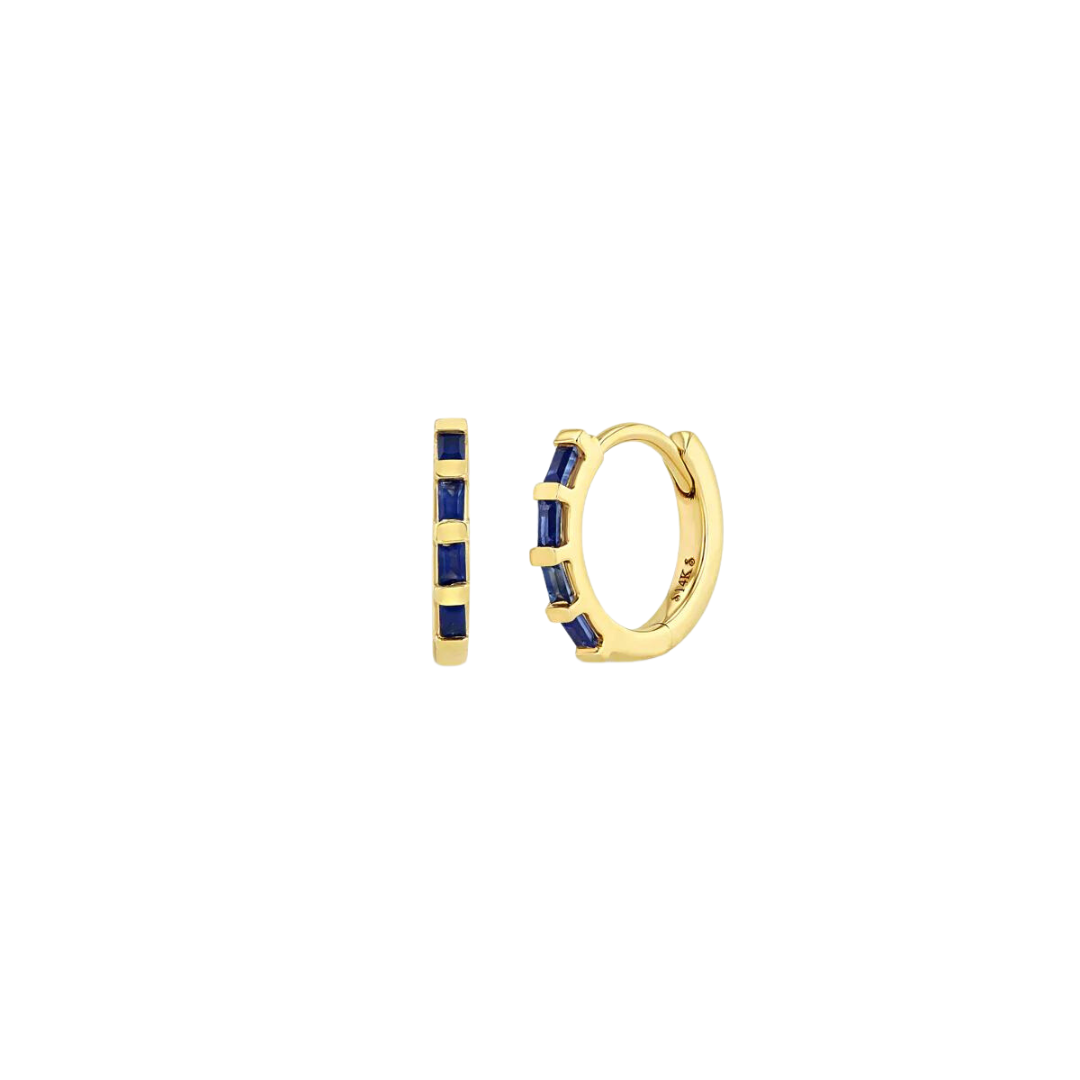Baguette Blue Sapphire Hinge Huggie Hoops