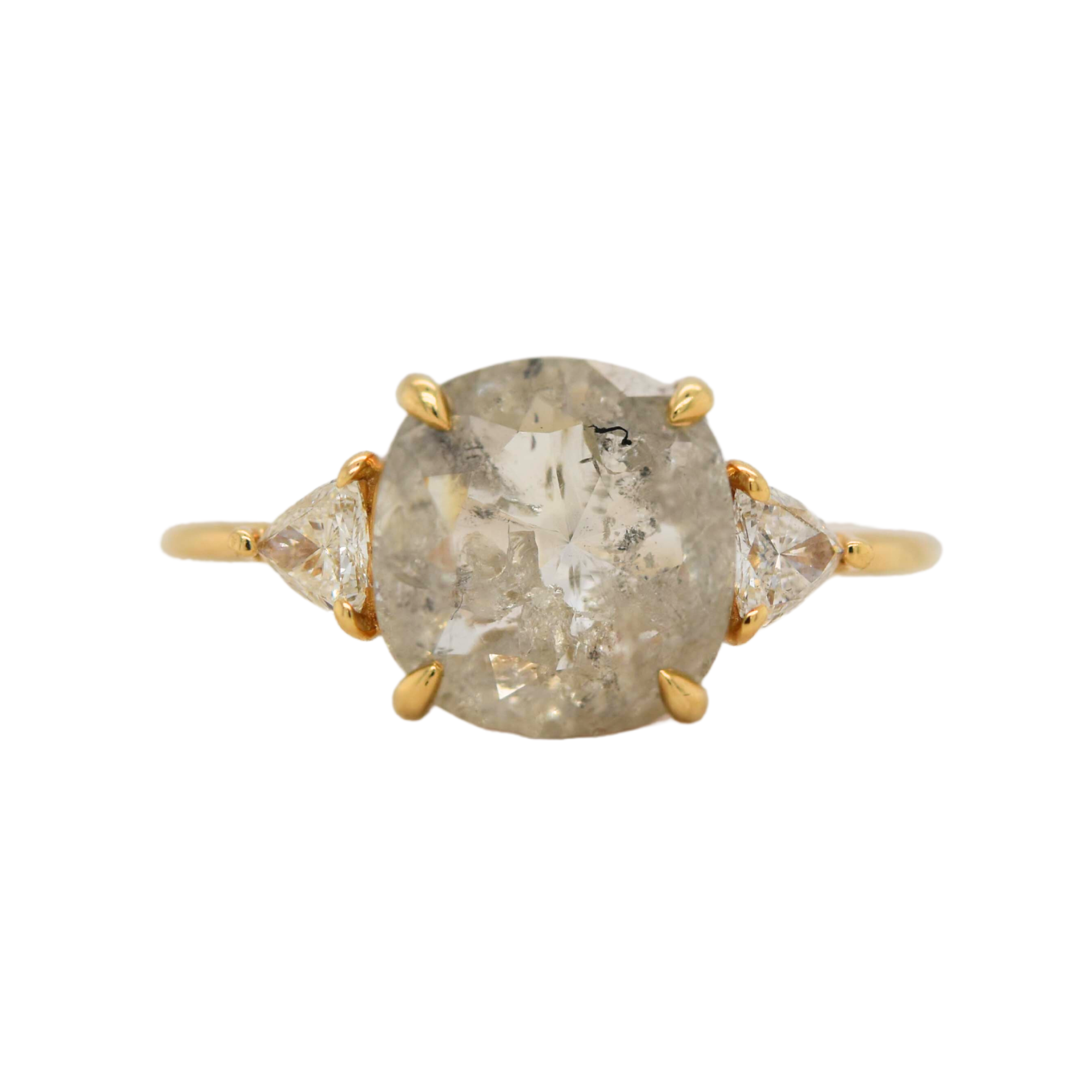 Cushion Rose Cut Light Salt + Pepper Diamond Three Stone Ring