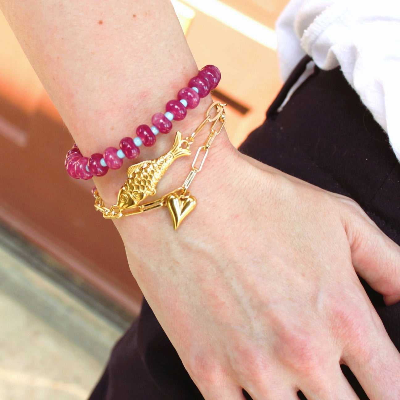 Willow Beaded Stone Candy Bracelet - Dark Pink