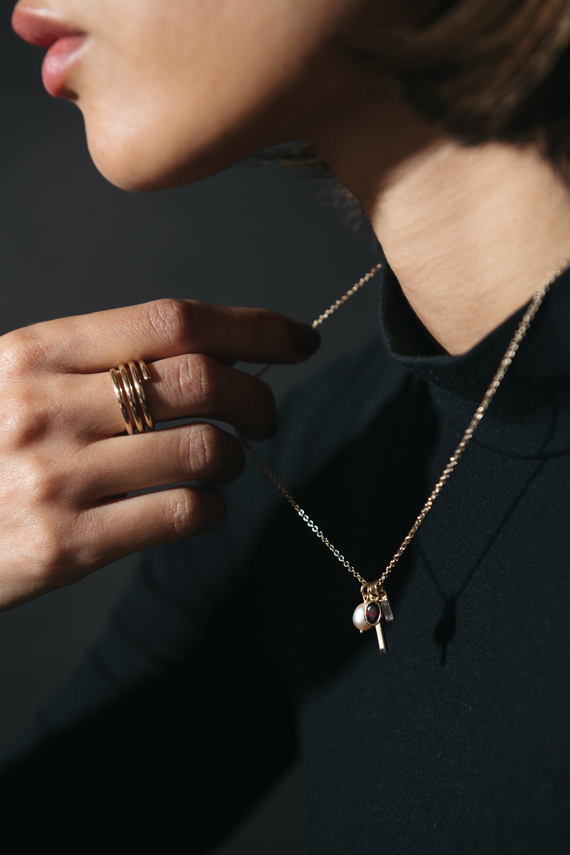 Garnet, Pearl + Diamond Charm Necklace