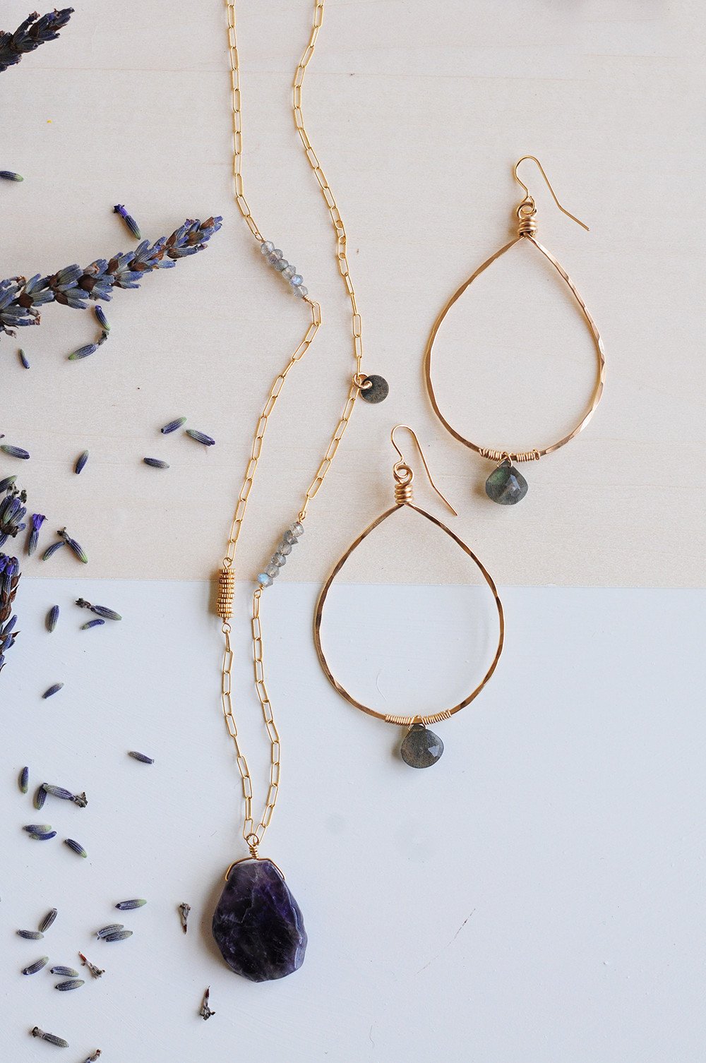 Labradorite Drop Stone Hoops - Shelter Jewelry Shop DC