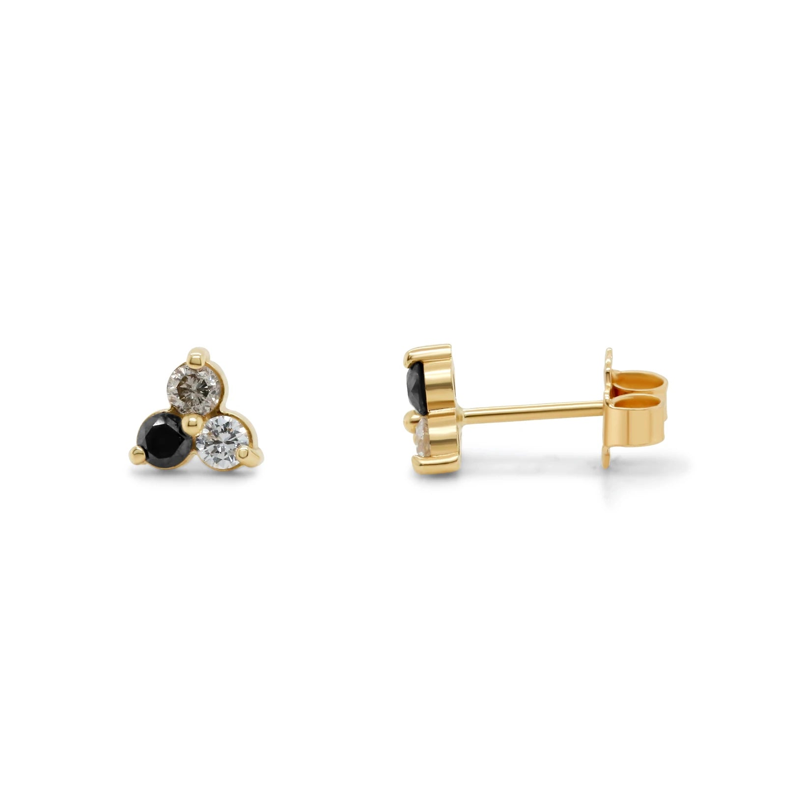 Trilogy diamond studs with white, grey, and black diamonds