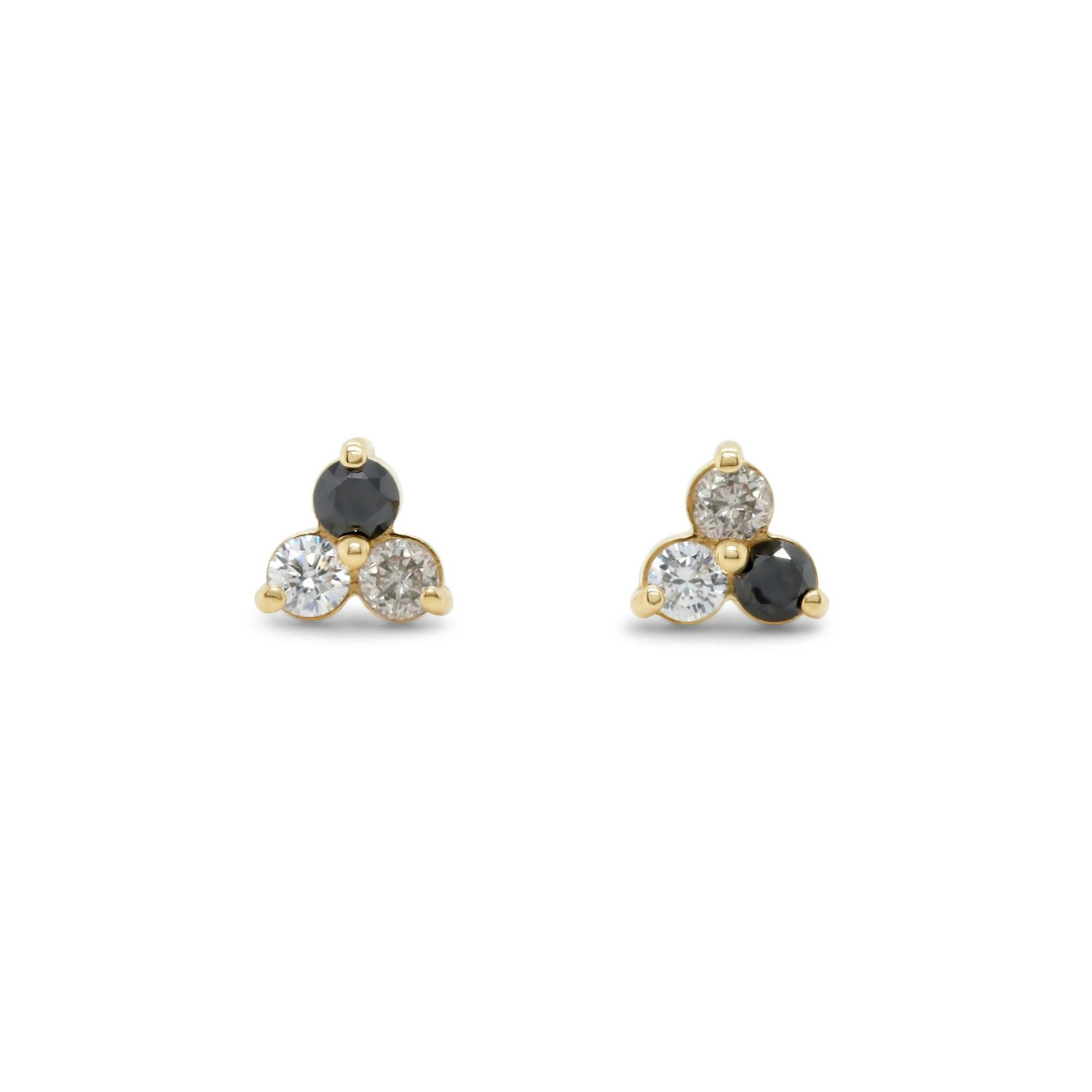 Trilogy diamond studs with white, grey, and black diamonds