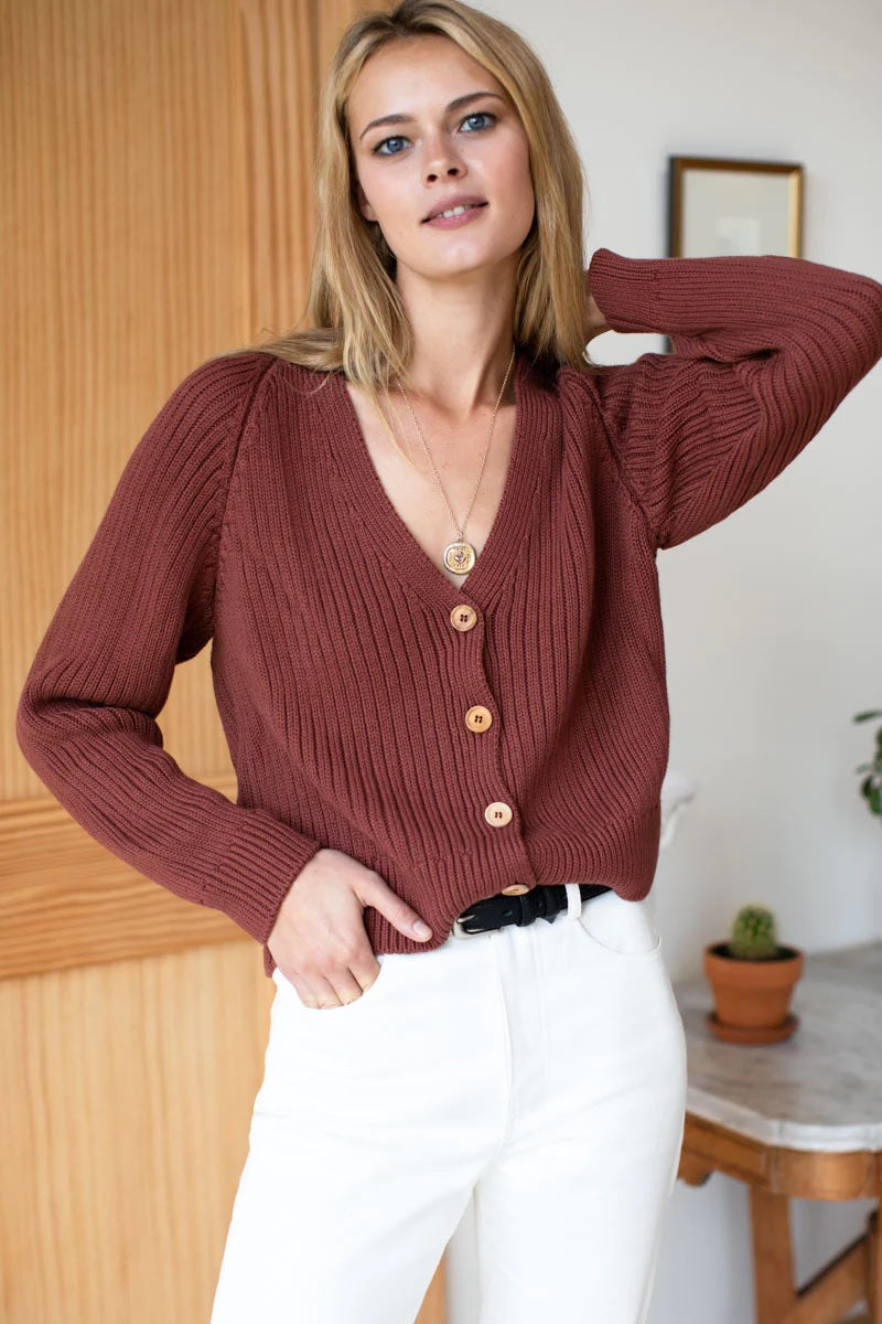 Emerson Fry Low V Neck Cardigan - Spiced Apple Organic