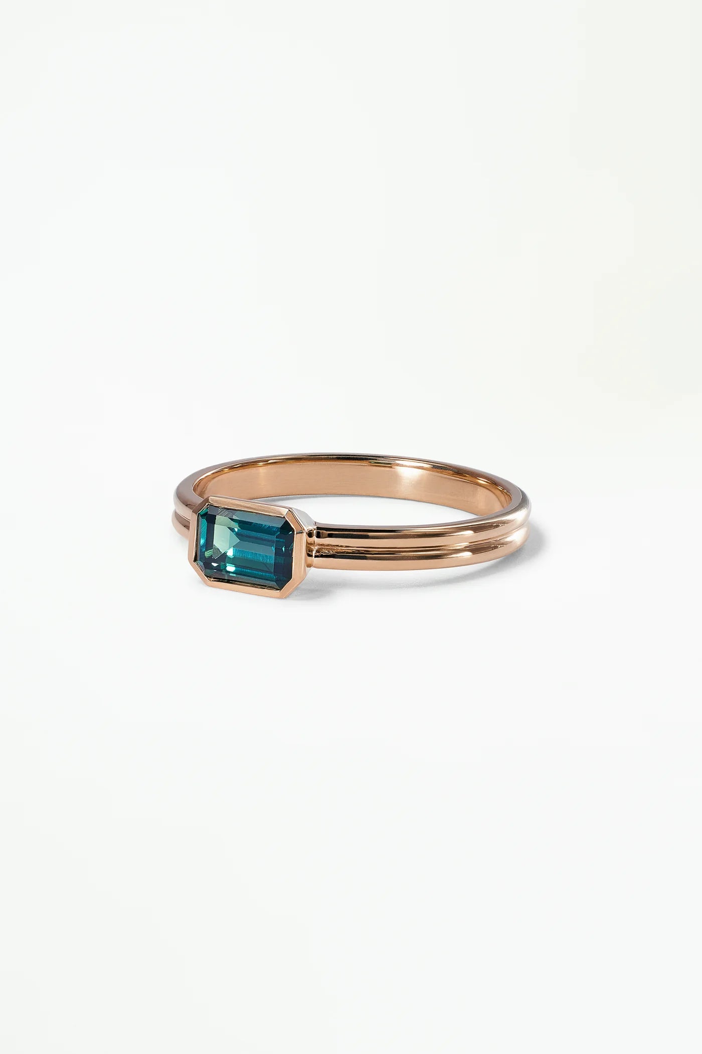 Medium Emerald Cut Teal Sapphire Double Band Solitaire Ring — Commitment, Curated