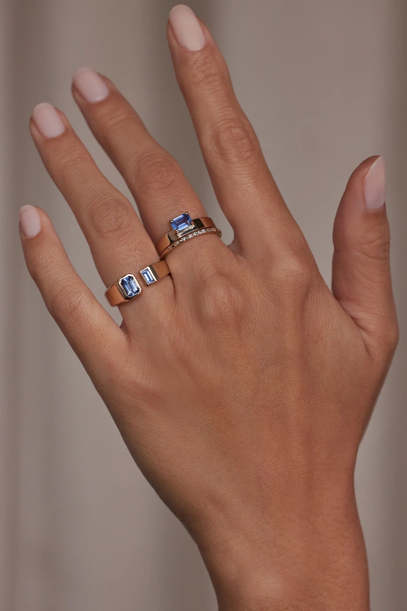 Emerald + Baguette Cut Blue Sapphire Dyad Ring — Commitment, Curated