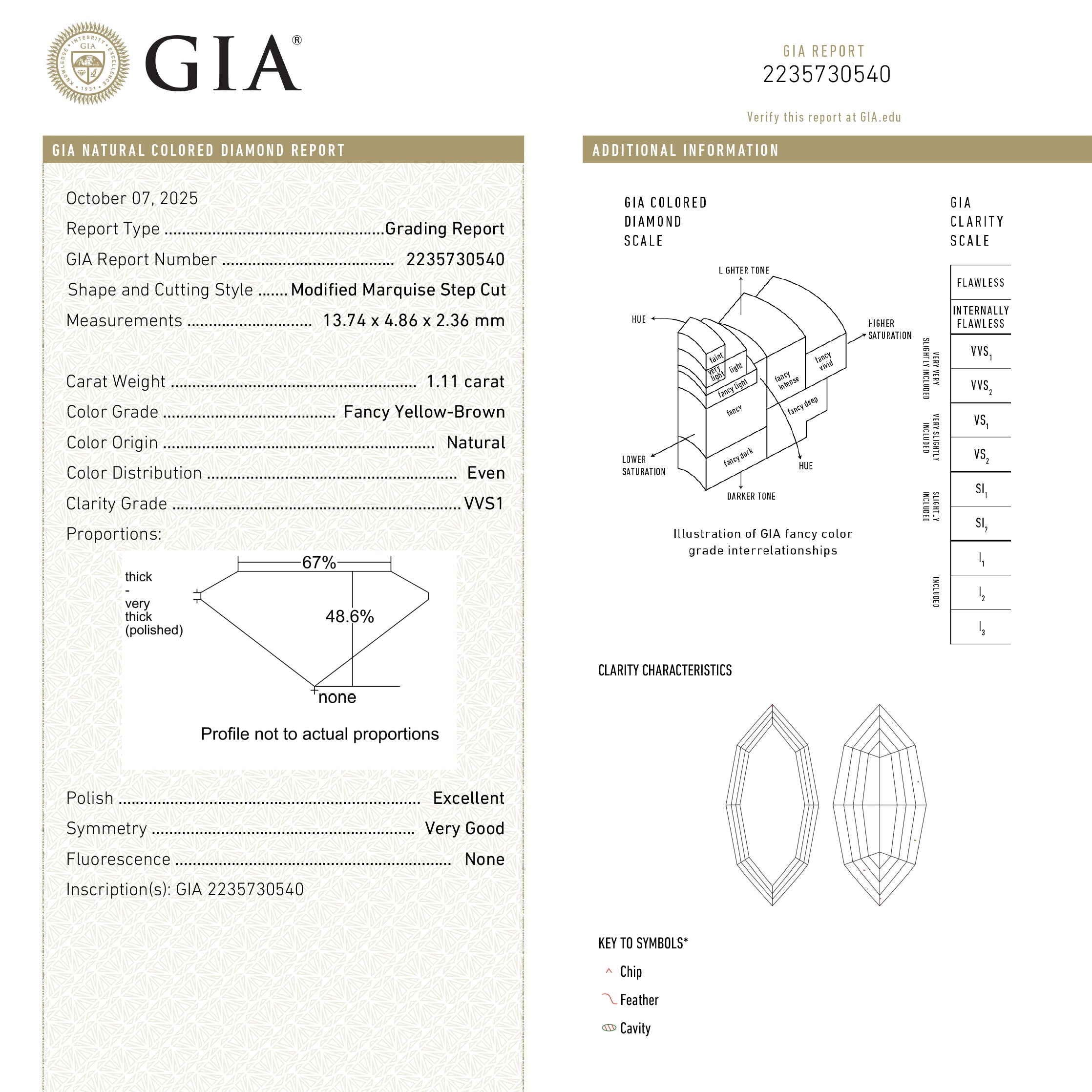 1.11ct 13.74x4.86x2.36mm GIA VVS1 Fancy Yellow-Brown Geo Marquise Step Cut 27372-01