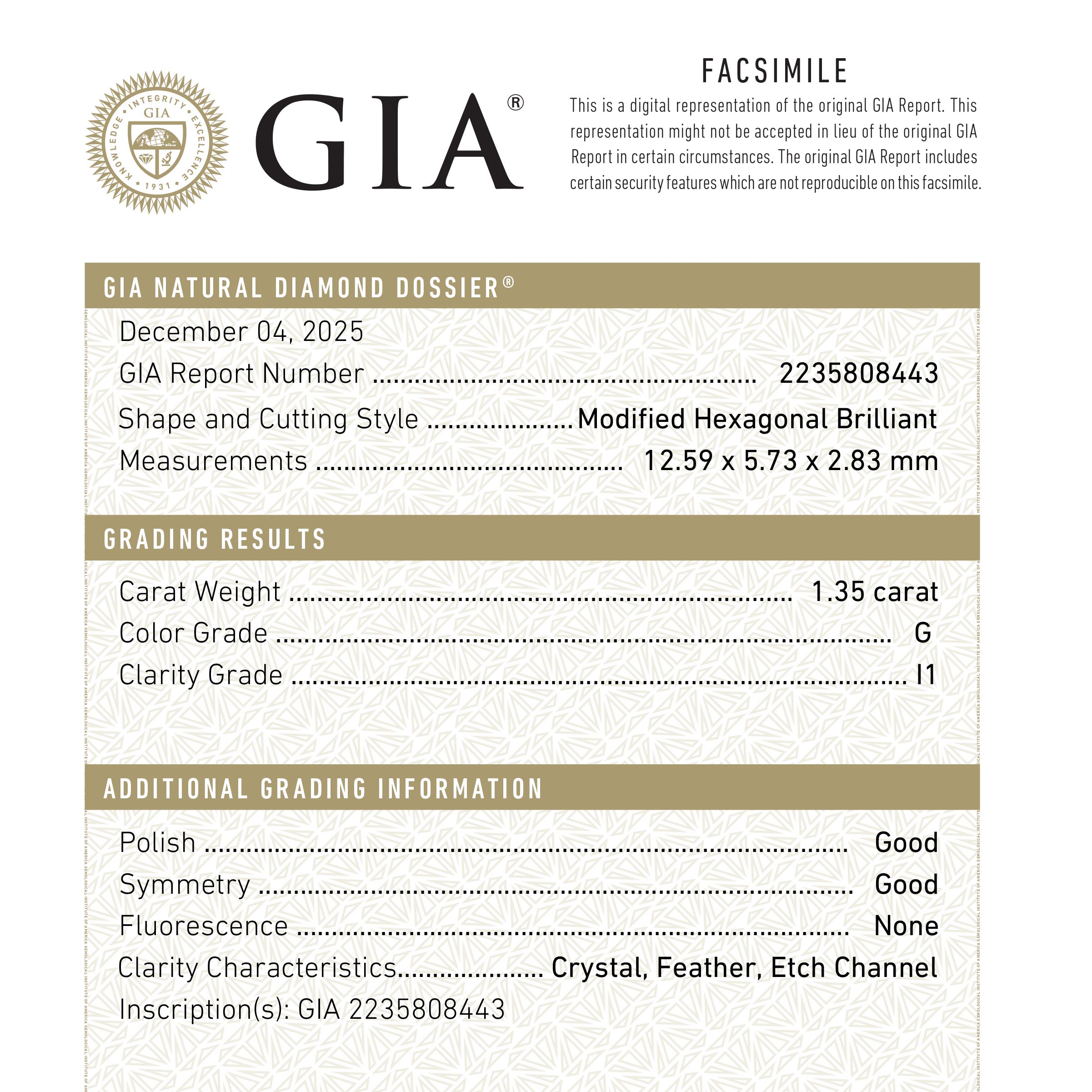 1.35ct 12.59x5.73x2.83mm GIA I1 G Hexagon Brilliant 27390-01
