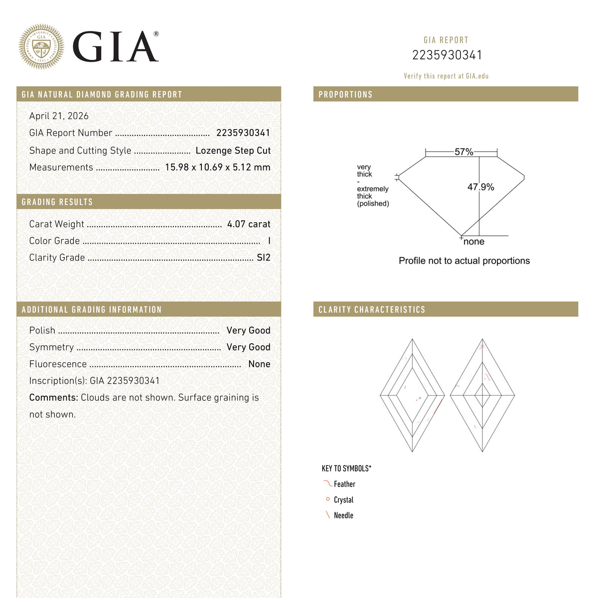 4.07ct 15.98x10.69x5.12mm GIA SI2 I Lozenge Step Cut 28010-01