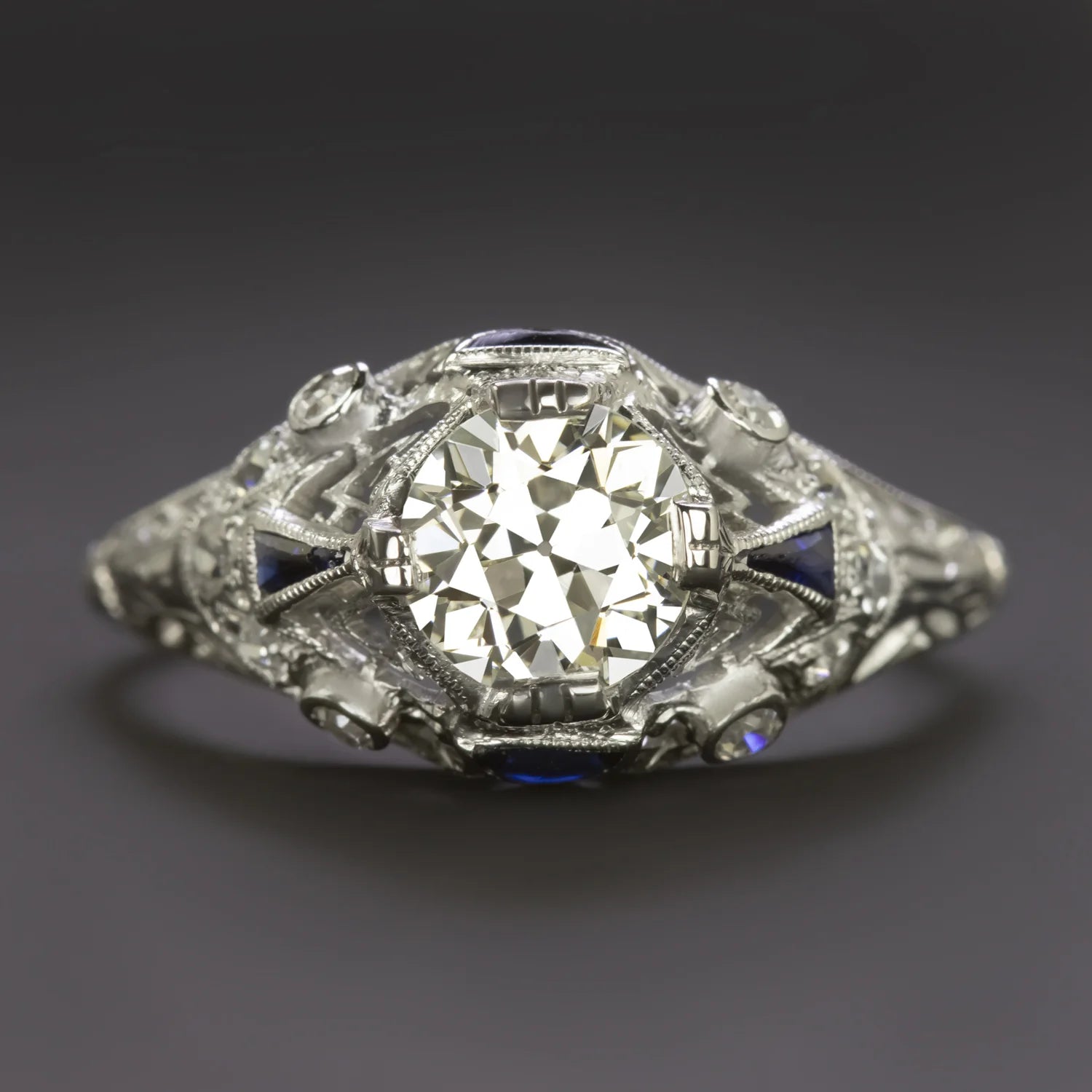 1 ct Old European Diamond + Sapphire Art Deco Ring
