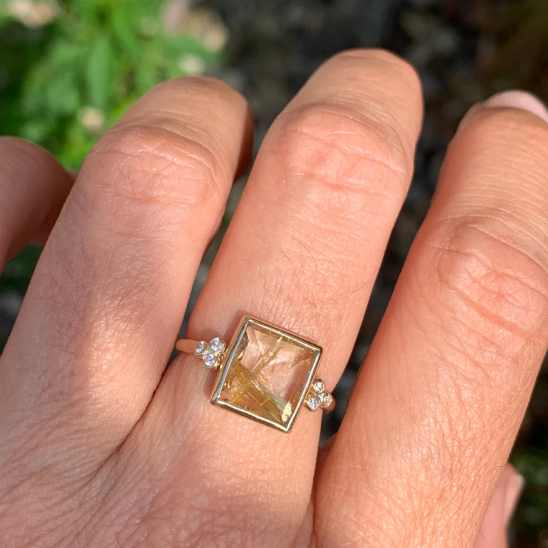 Square Rutilated Quartz and Diamond Cluster Ring