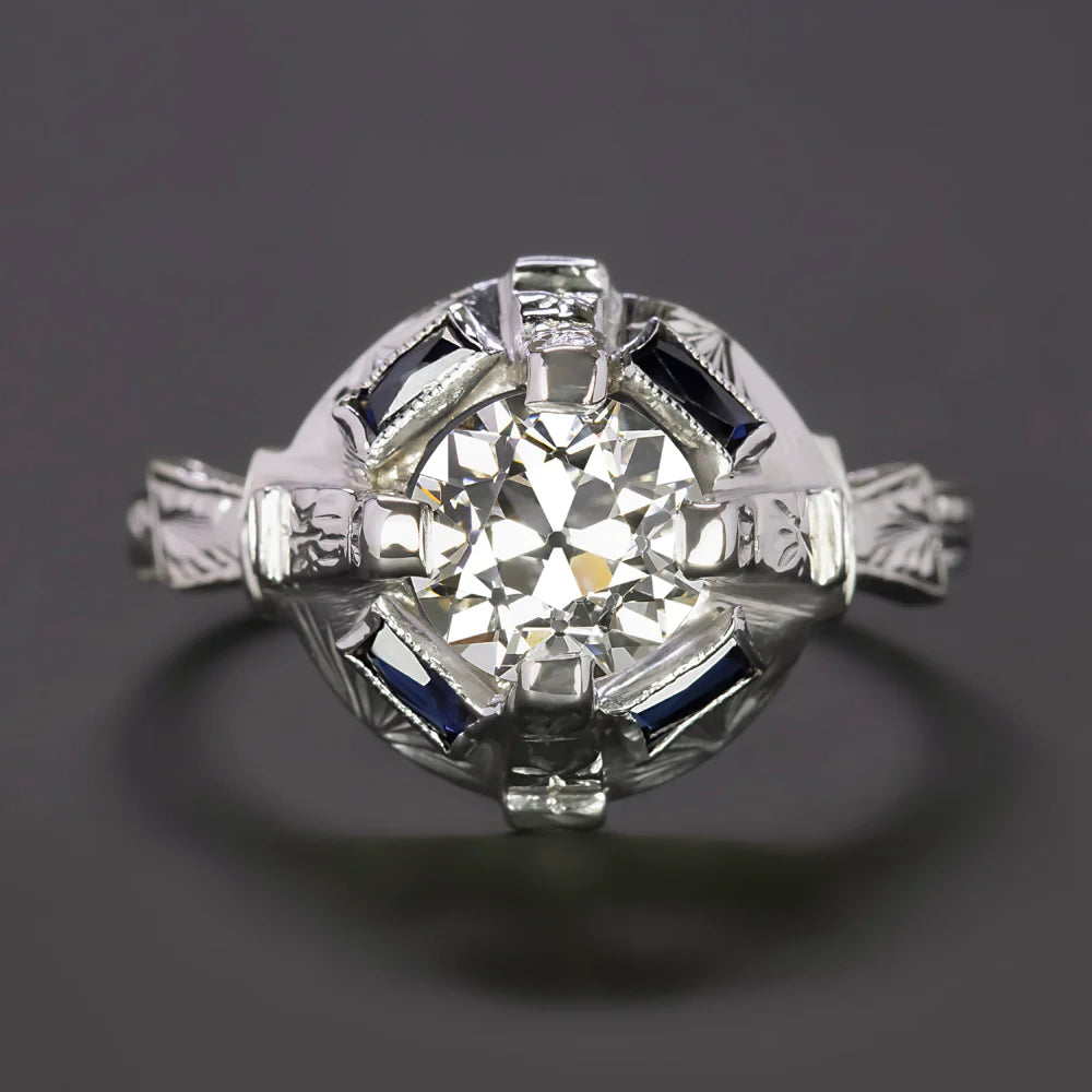 1.15 ct Old European Diamond + Sapphire Art Deco Ring