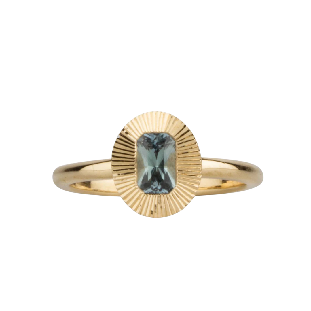 North-South Blue-Green Radiant Montana Sapphire Aurora Ring
