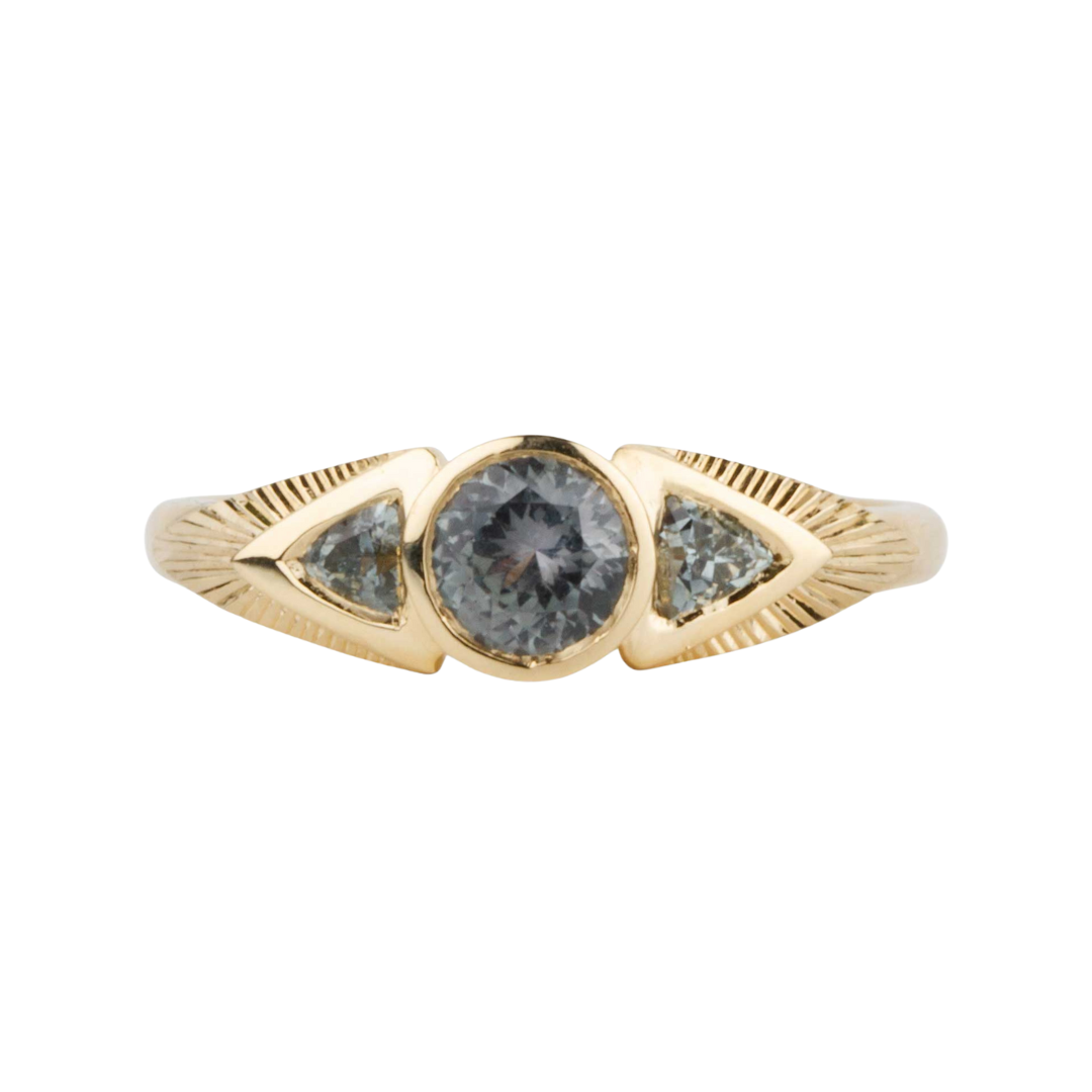 Three-Stone Athena Ring With Montana Sapphires — Commitment, Curated