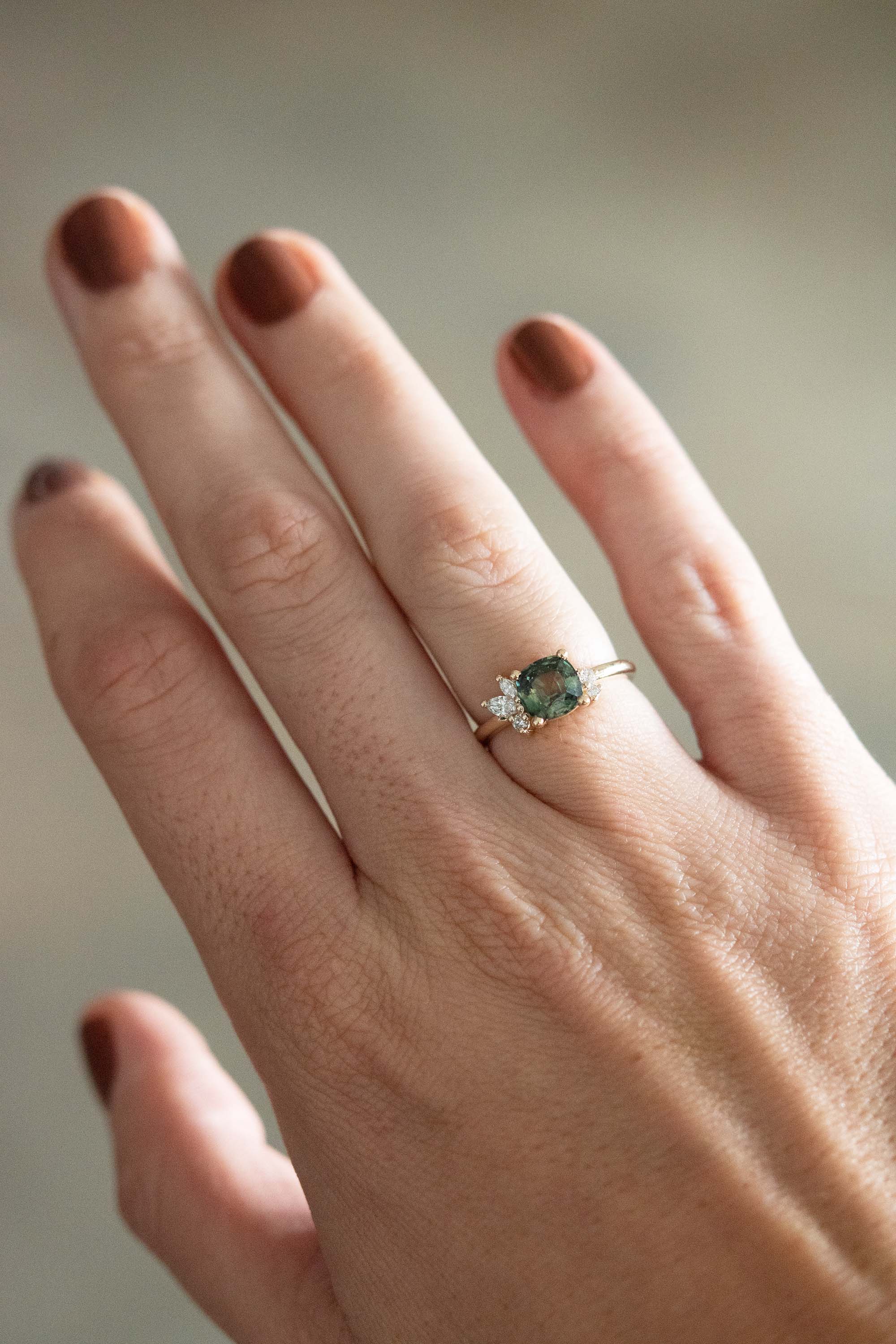 One Of A Kind Green Sapphire Cushion Cluster Ring