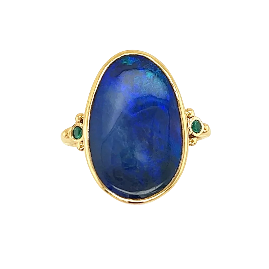 Deep Blue Australian Opal and Emerald Ring