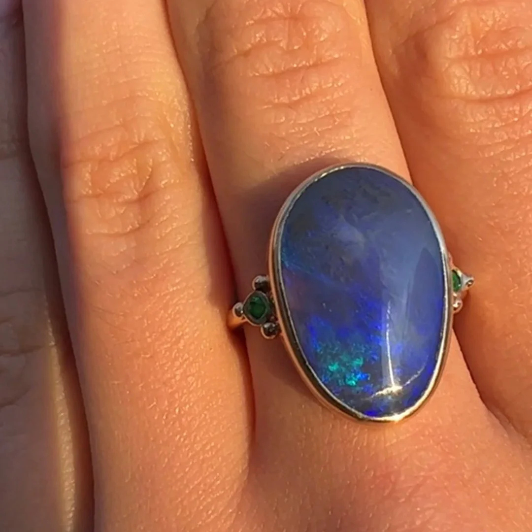 Deep Blue Australian Opal and Emerald Ring