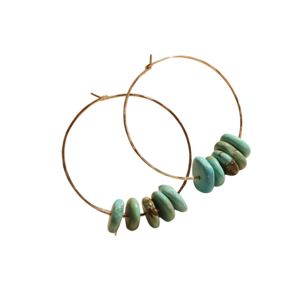 Gold hoop earrings with turquoise beads on a white background