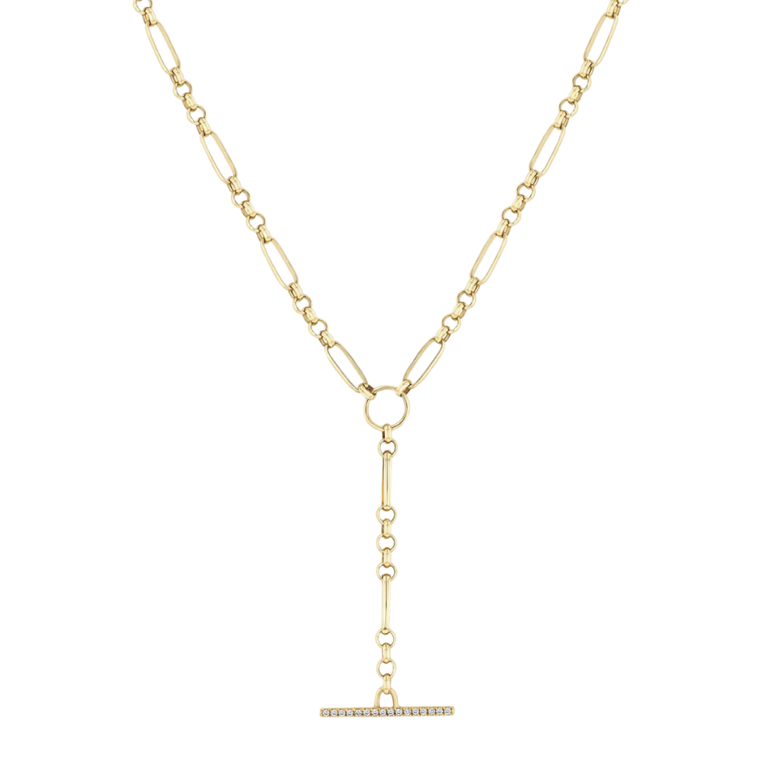 Medium Paperclip Rolo Chain & Pave Diamond Toggle Lariat Necklace