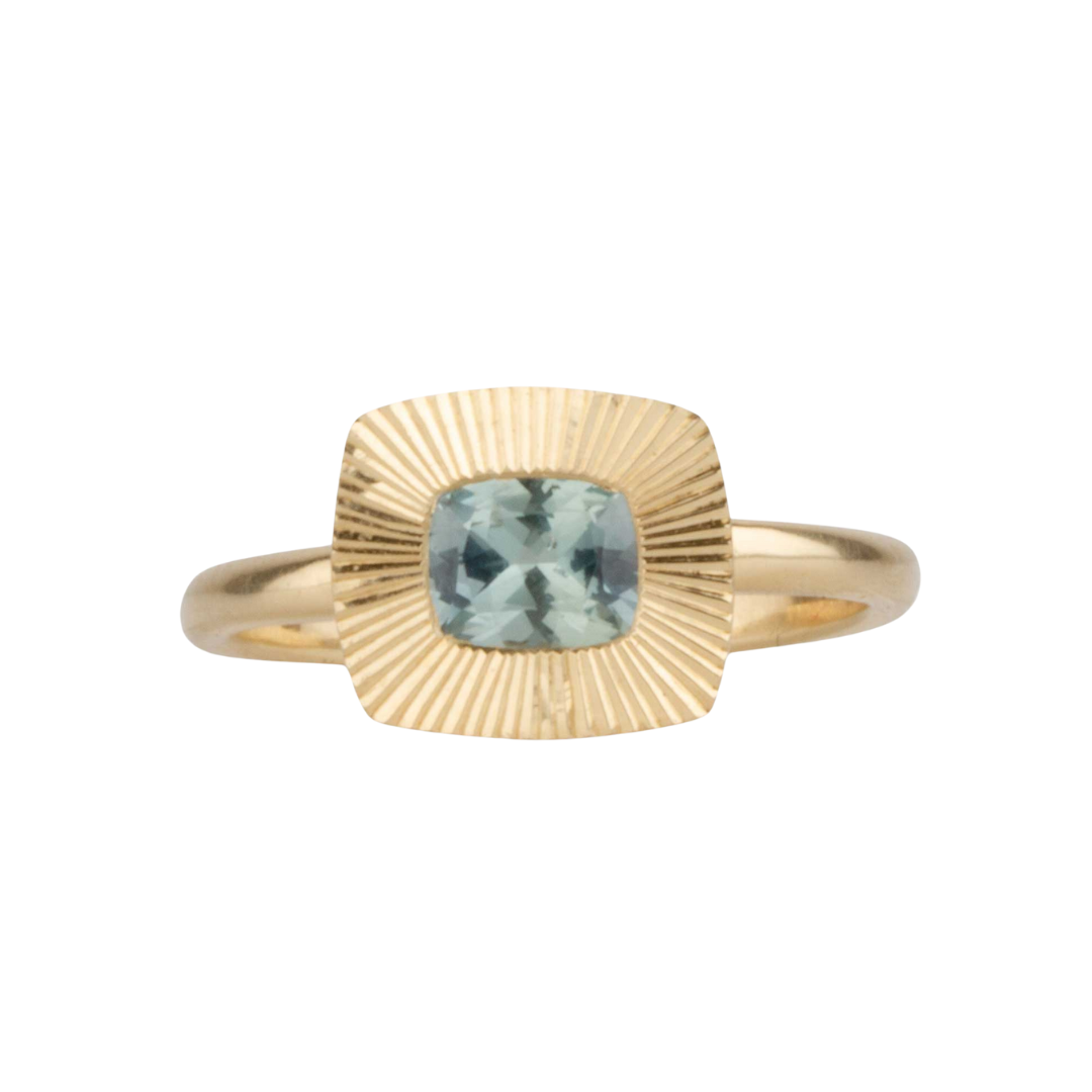 East-West Light Teal Cushion Montana Sapphire Aurora Ring