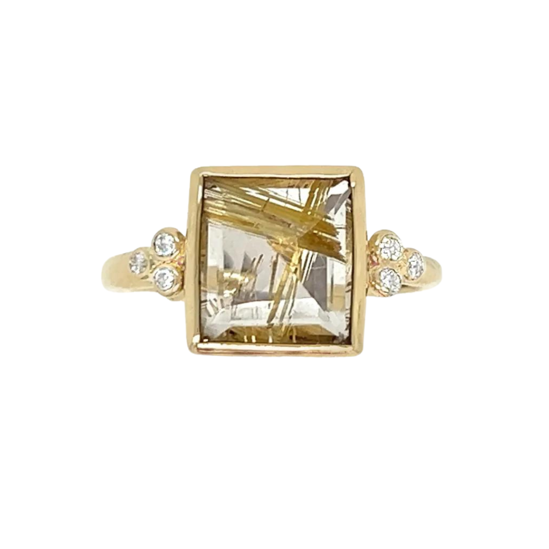 Square Rutilated Quartz and Diamond Cluster Ring