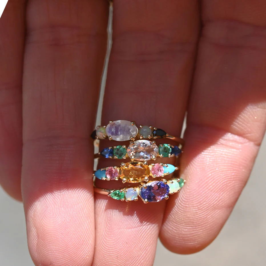 Multi Gemstone Claw Set Ring - Tanzanite, Blue Opal, Emerald