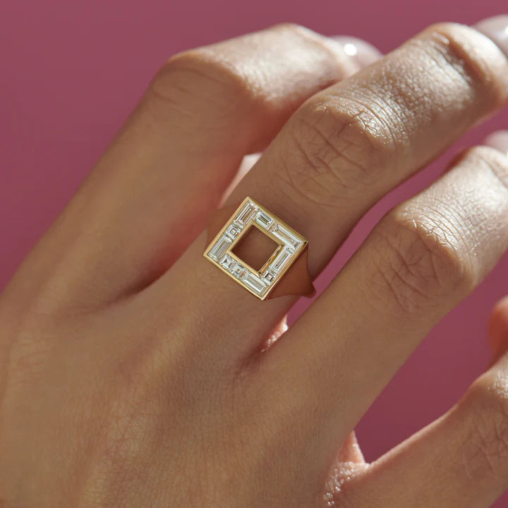 Geometric Baguette + Carre Diamond Signet Ring