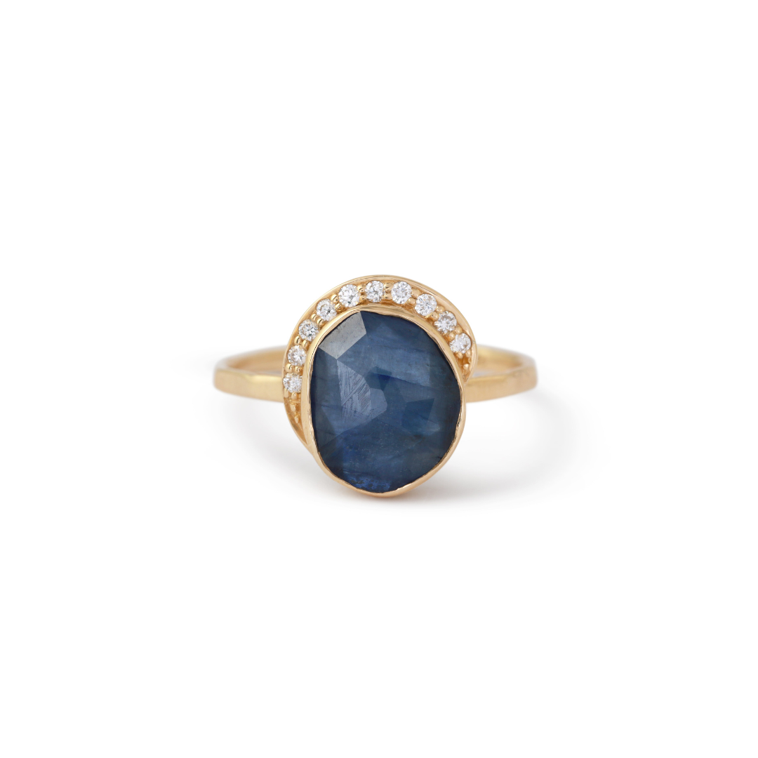 Freeform Blue Sapphire Diamond Crescent Moon Ring - Melissa Joy Manning Residency