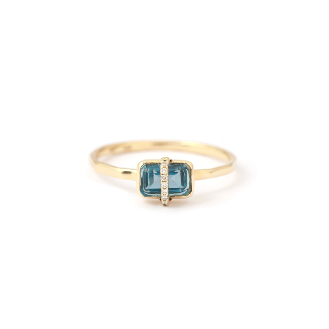Micropavé Bezel Wrapped Emerald Cut Blue Topaz Ring - Melissa Joy Manning Residency
