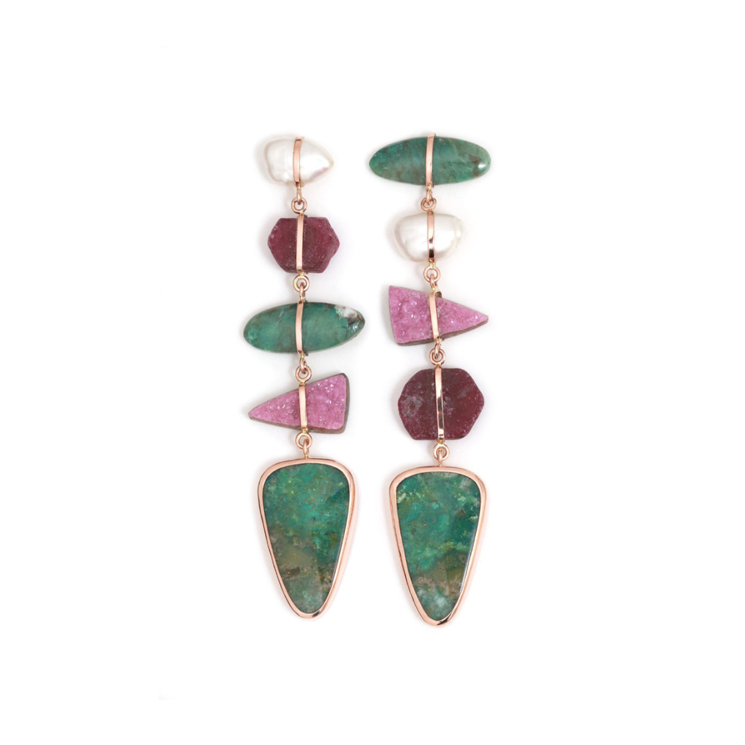 Five Drop Pearl, Ruby, Cobalto Calcite, and Chrysocolla Earrings - Melissa Joy Manning Residency