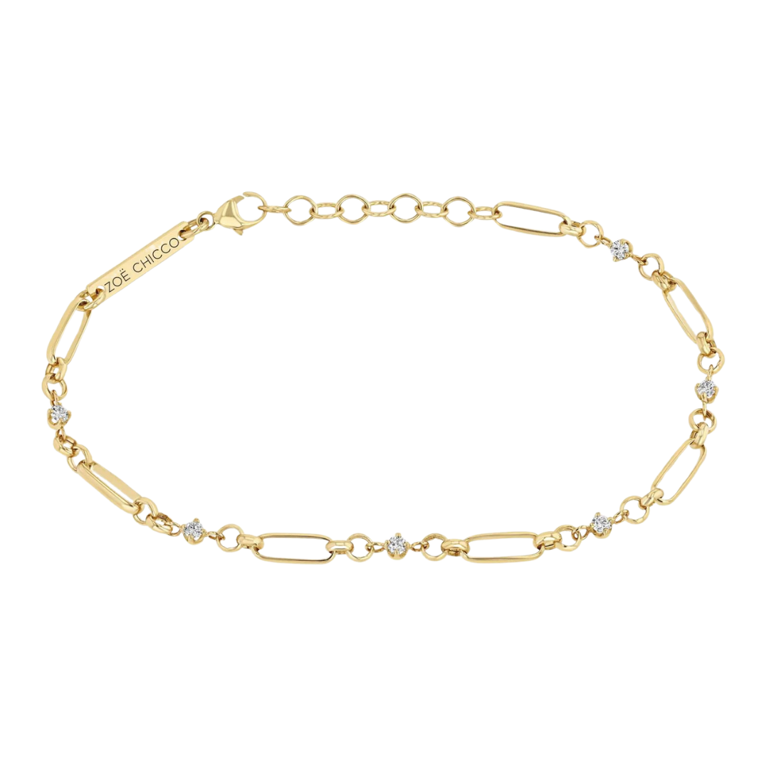 Linked Prong Diamond & Medium Paperclip Rolo Chain Bracelet