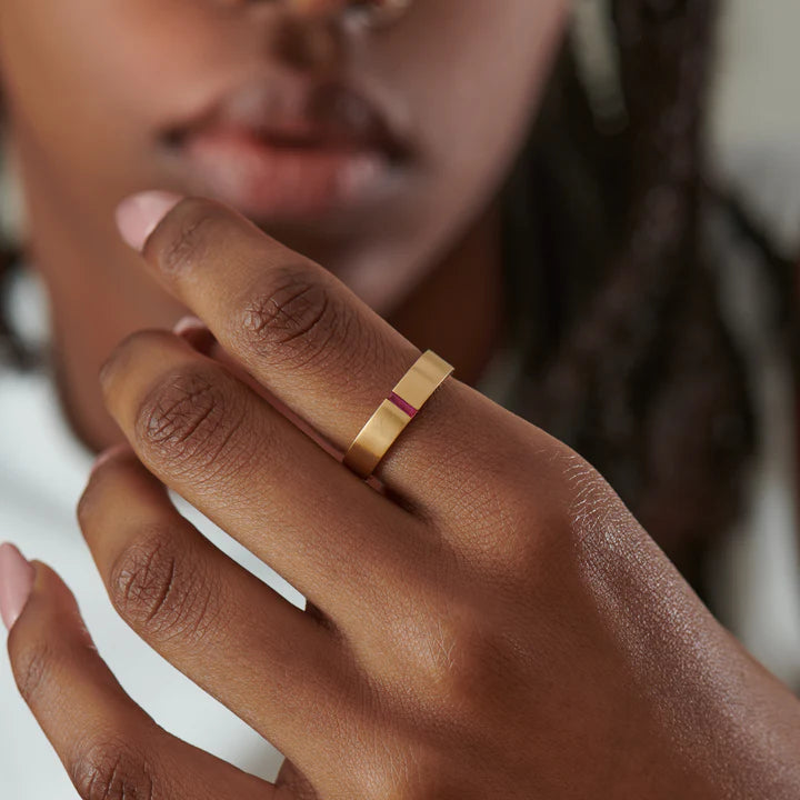 Ruby Baguette Matte Gold Wedding Band