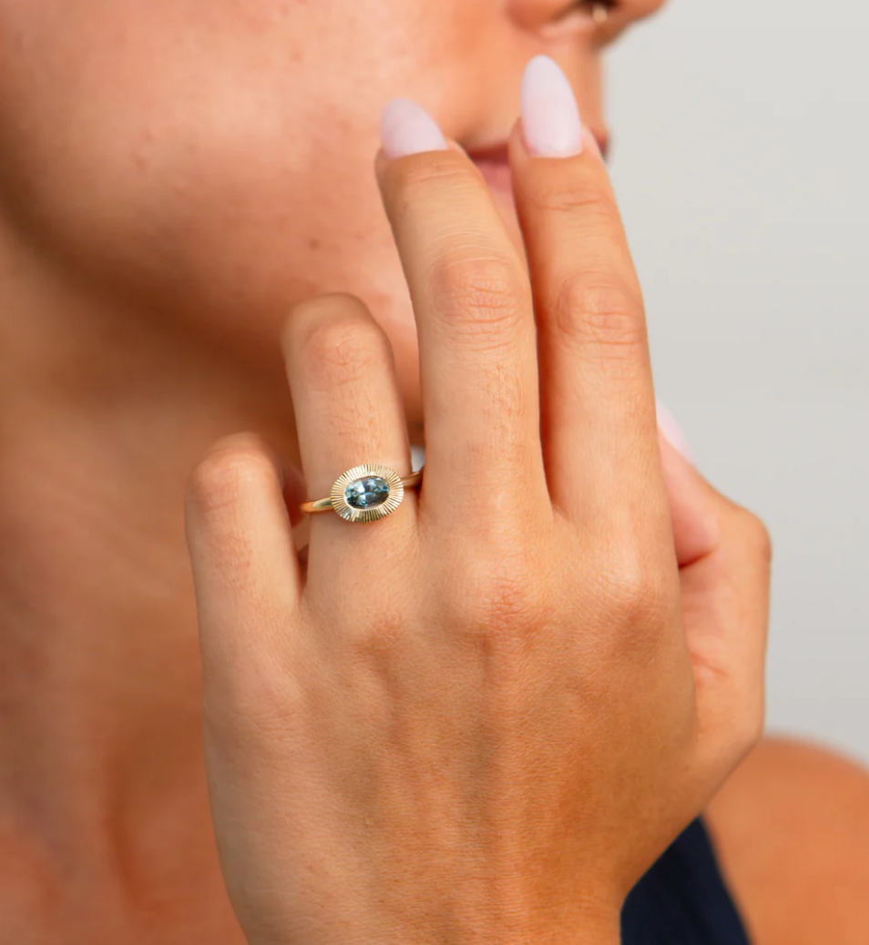 East-West Aurora Solitaire with Blue-Green Montana Sapphire — Commitment, Curated
